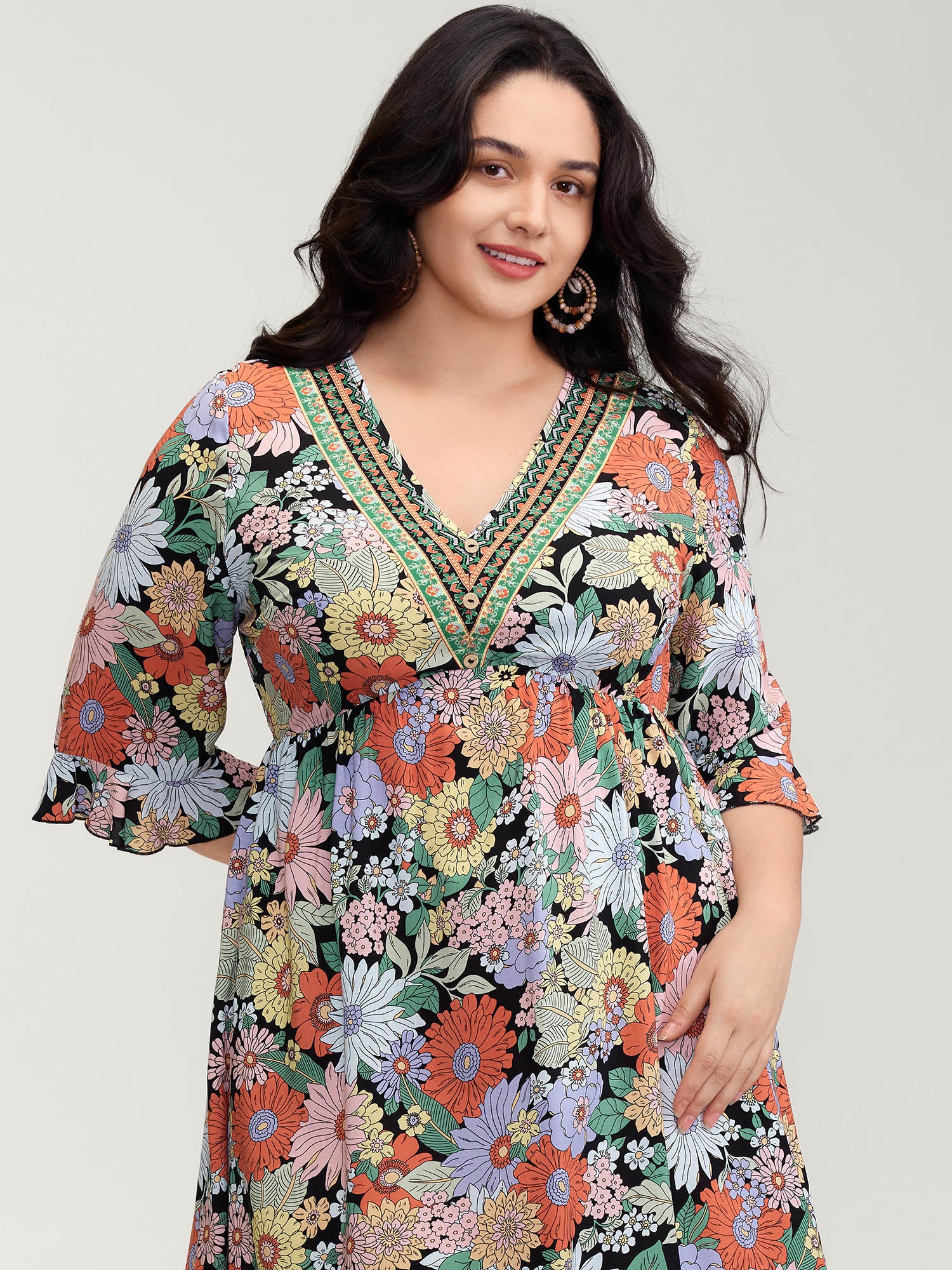 Rayon Floral Print V-Neck Maxi Dress