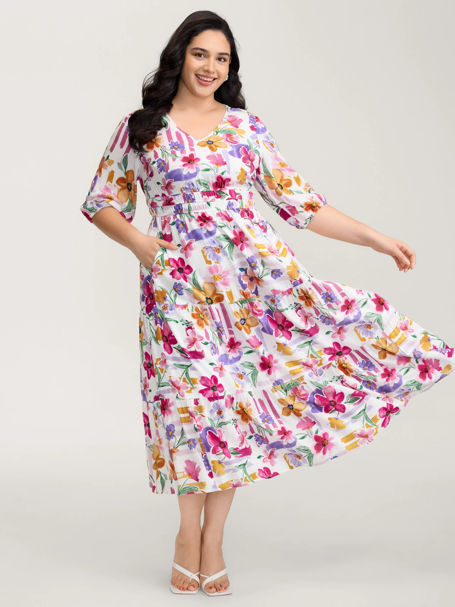 Bright Floral Print Pleated Waist Maxi Dress