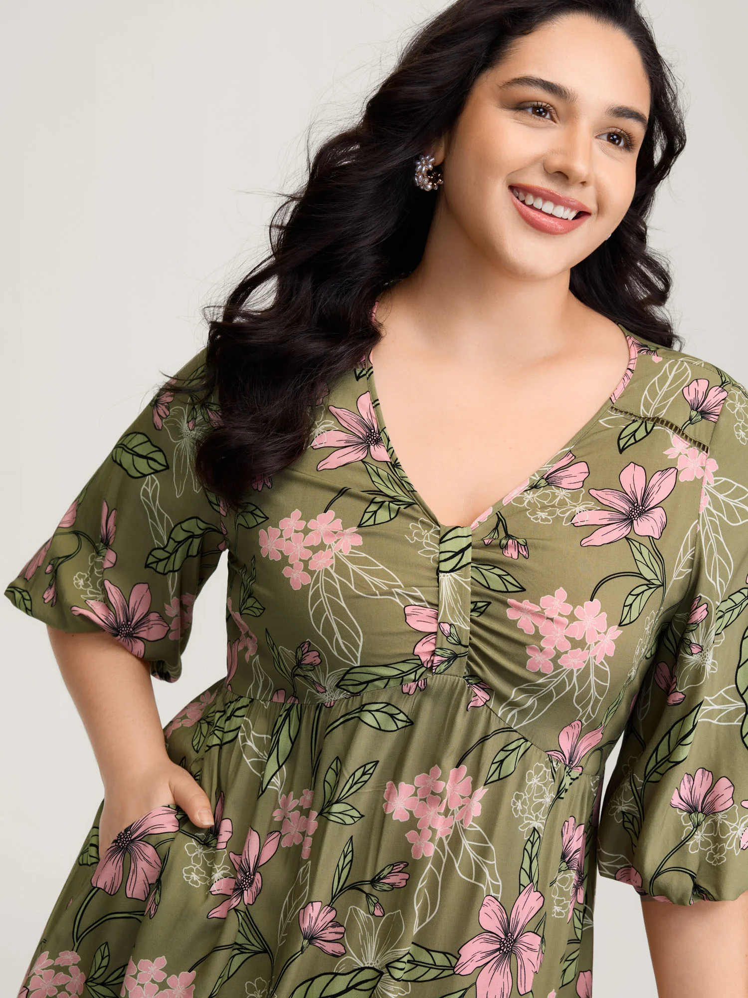 Garden Print Ruched V-Neck Maxi Dress