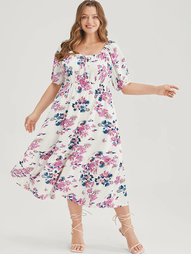 Floral Puff Sleeve Pocket Knot Front Scoop Neck Flutter Dress