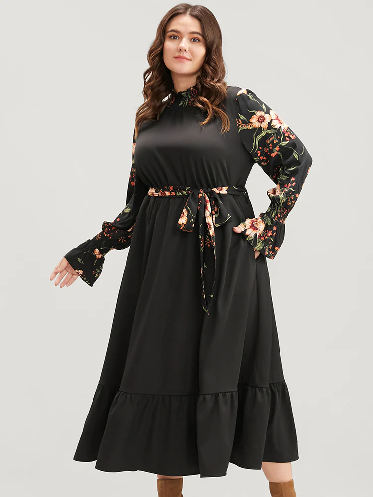 Floral Patchwork Lantern Sleeve Pocket Belted Shirred Mock Neck Dress