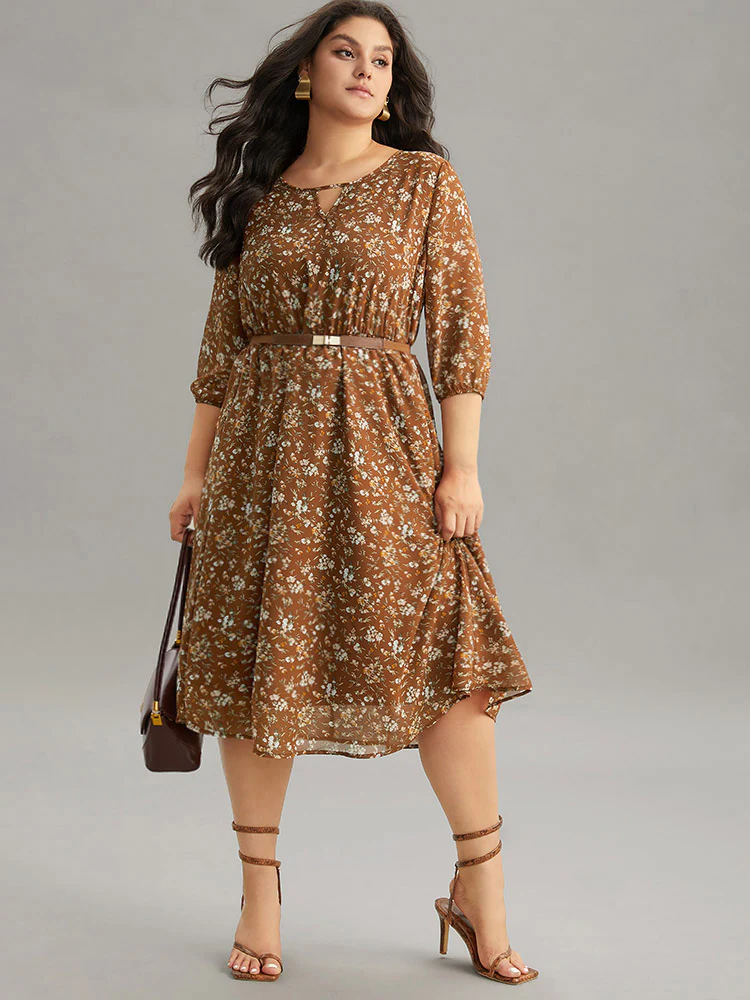 Ditsy Floral Cut Out Elastic Cuffs Dress