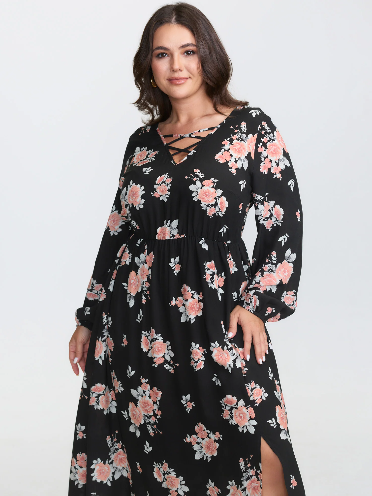 Floral Print Cut-Out Neck Slit Maxi Dress