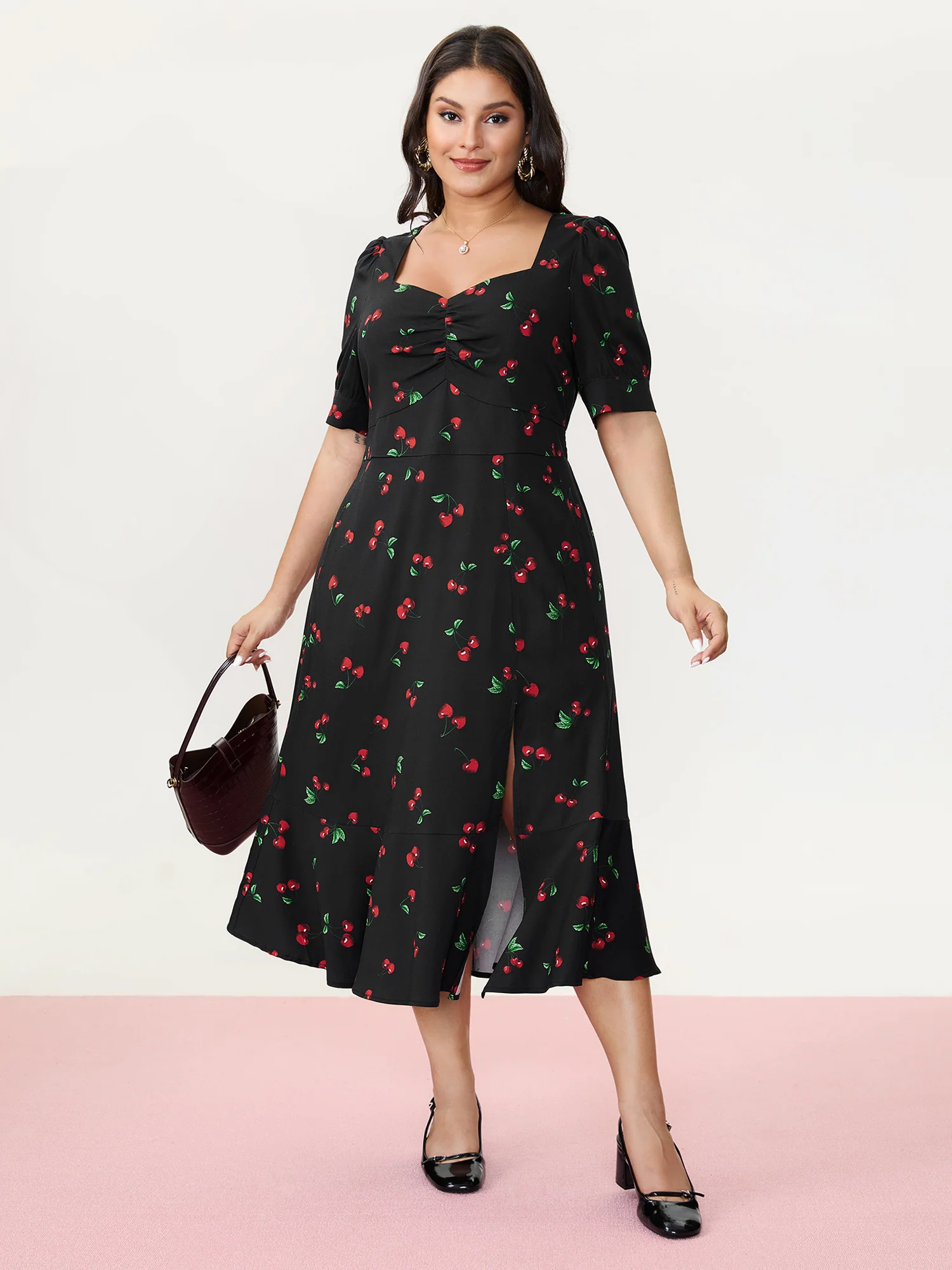 Cherry Print Split Hem Midi Dress