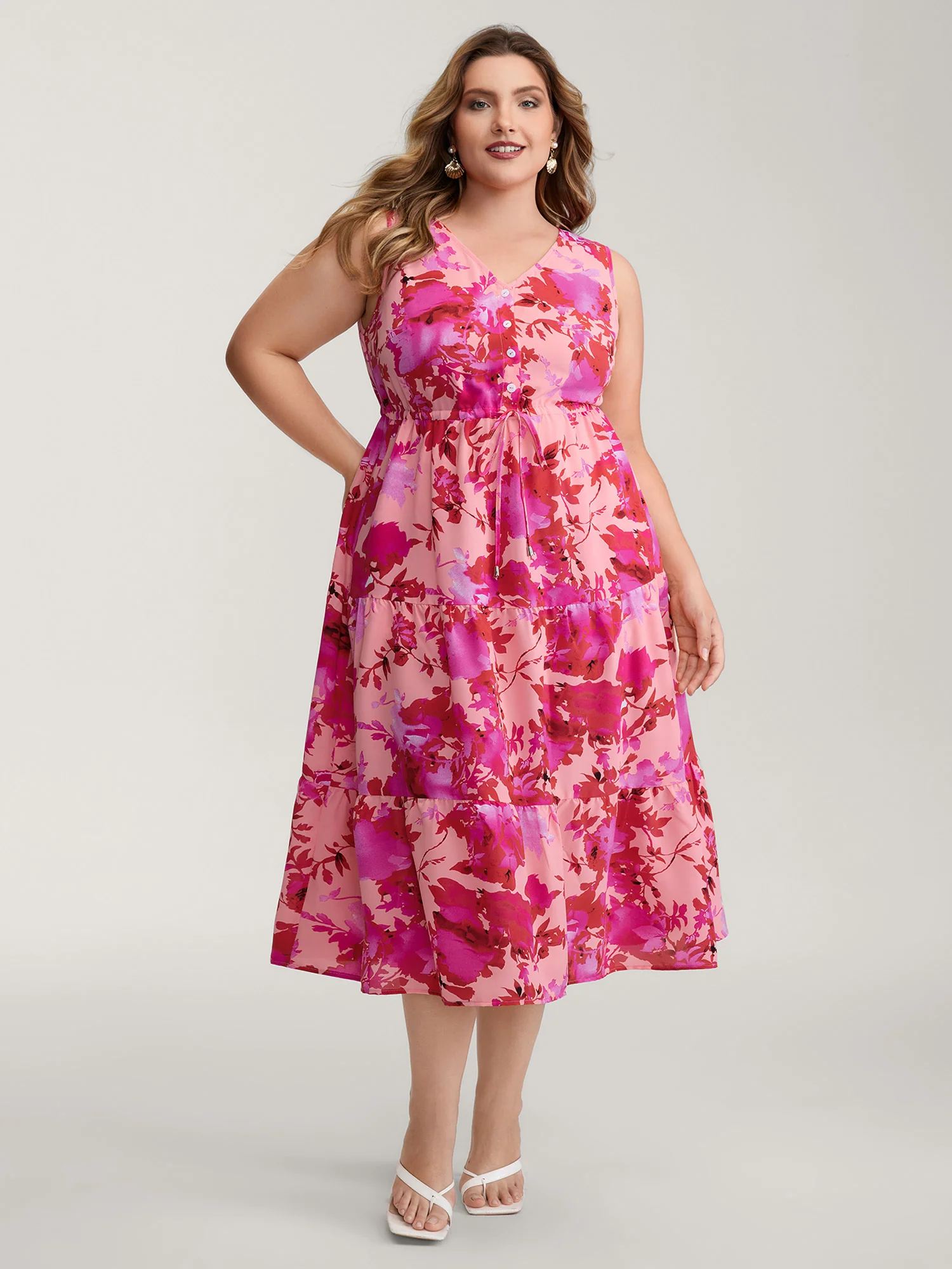 Floral Print Flowy Skirt Drawstring Maxi Dress