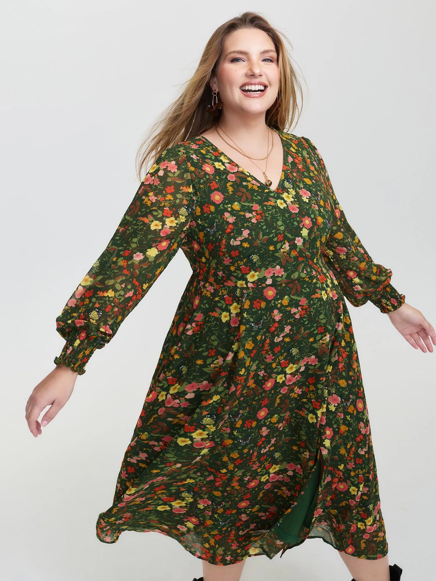 Floral Print Lantern Sleeve Slit Midi Dress