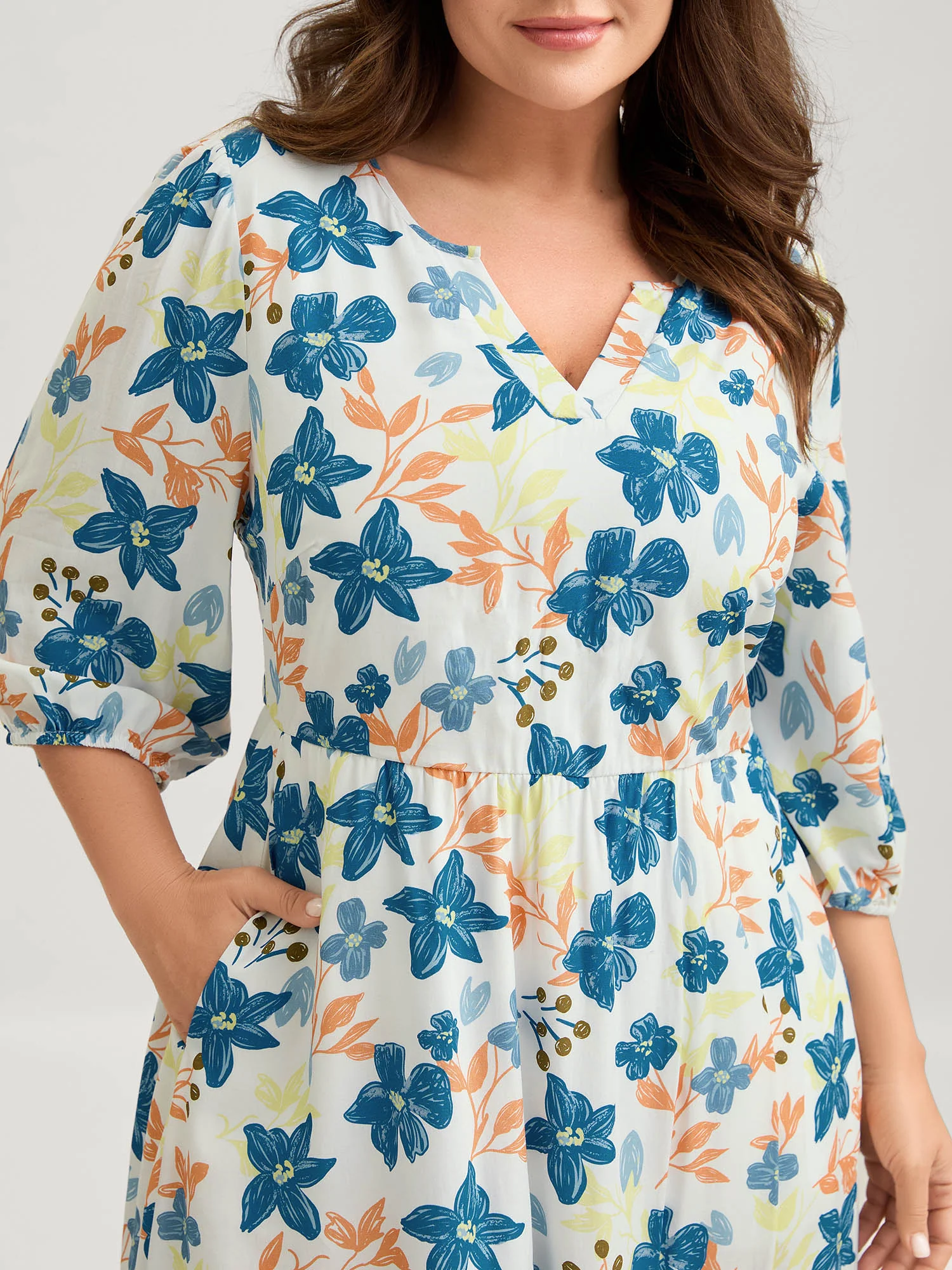 Rayon Floral Stretchy Waist Pockets Midi Dress