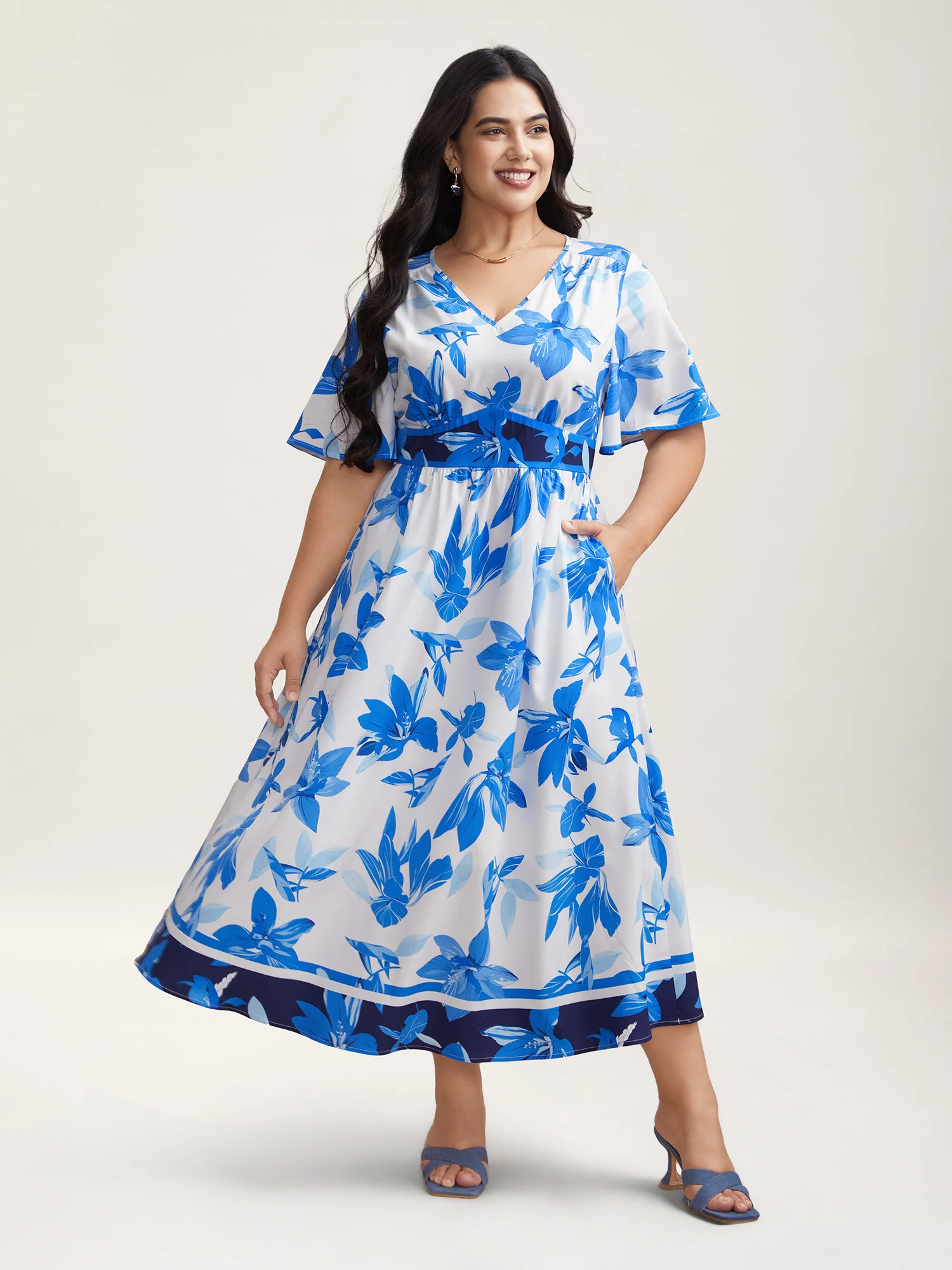 Positioned Floral Waist-Cinched Midi Dress