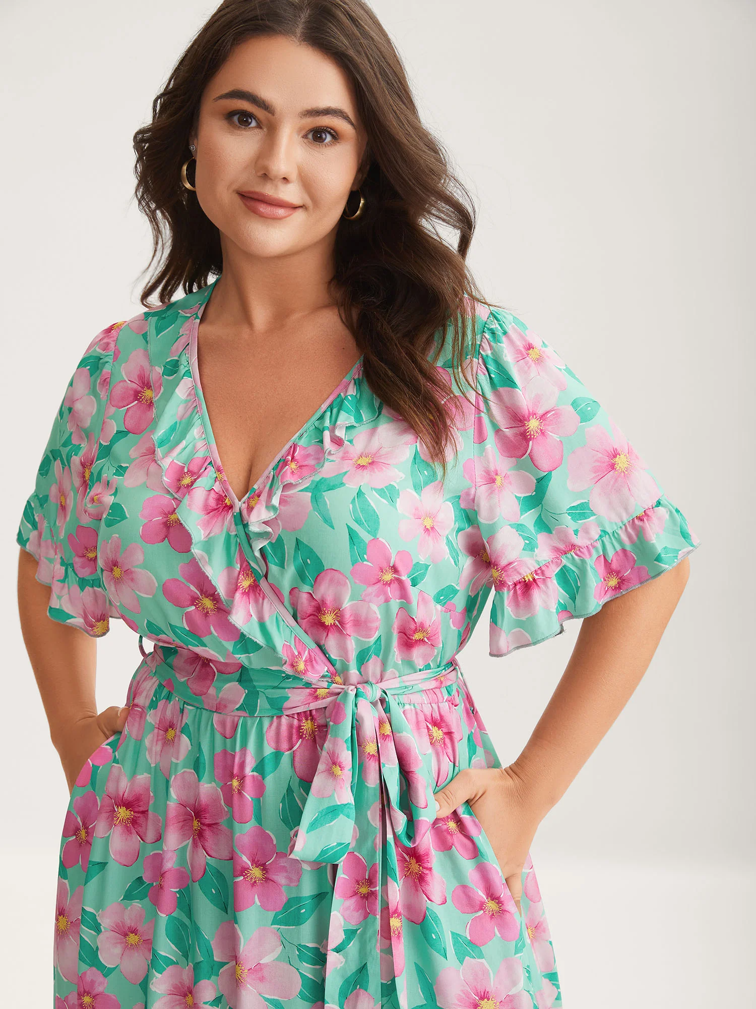 Rayon Floral Print Pockets Midi Dress