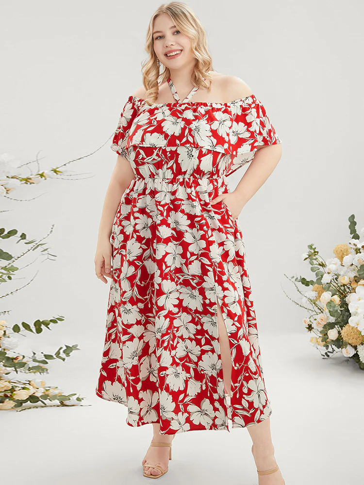 Floral Print Pocket Ruffles Trim Split Halter Maxi Dress