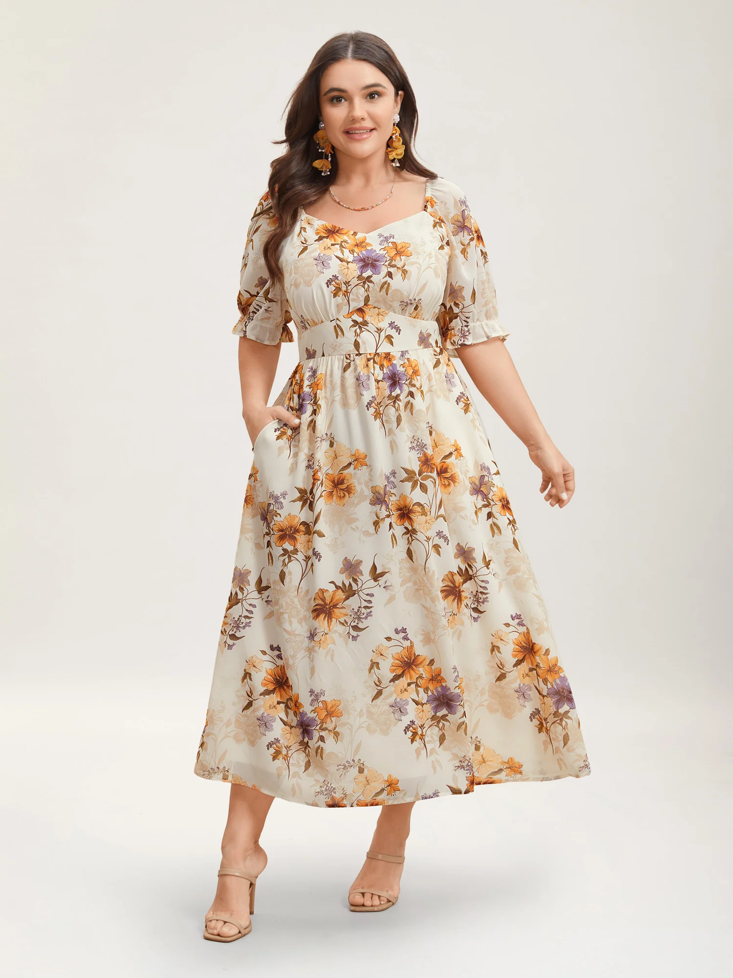 Chiffon Floral Waist-Cinched Maxi Dress