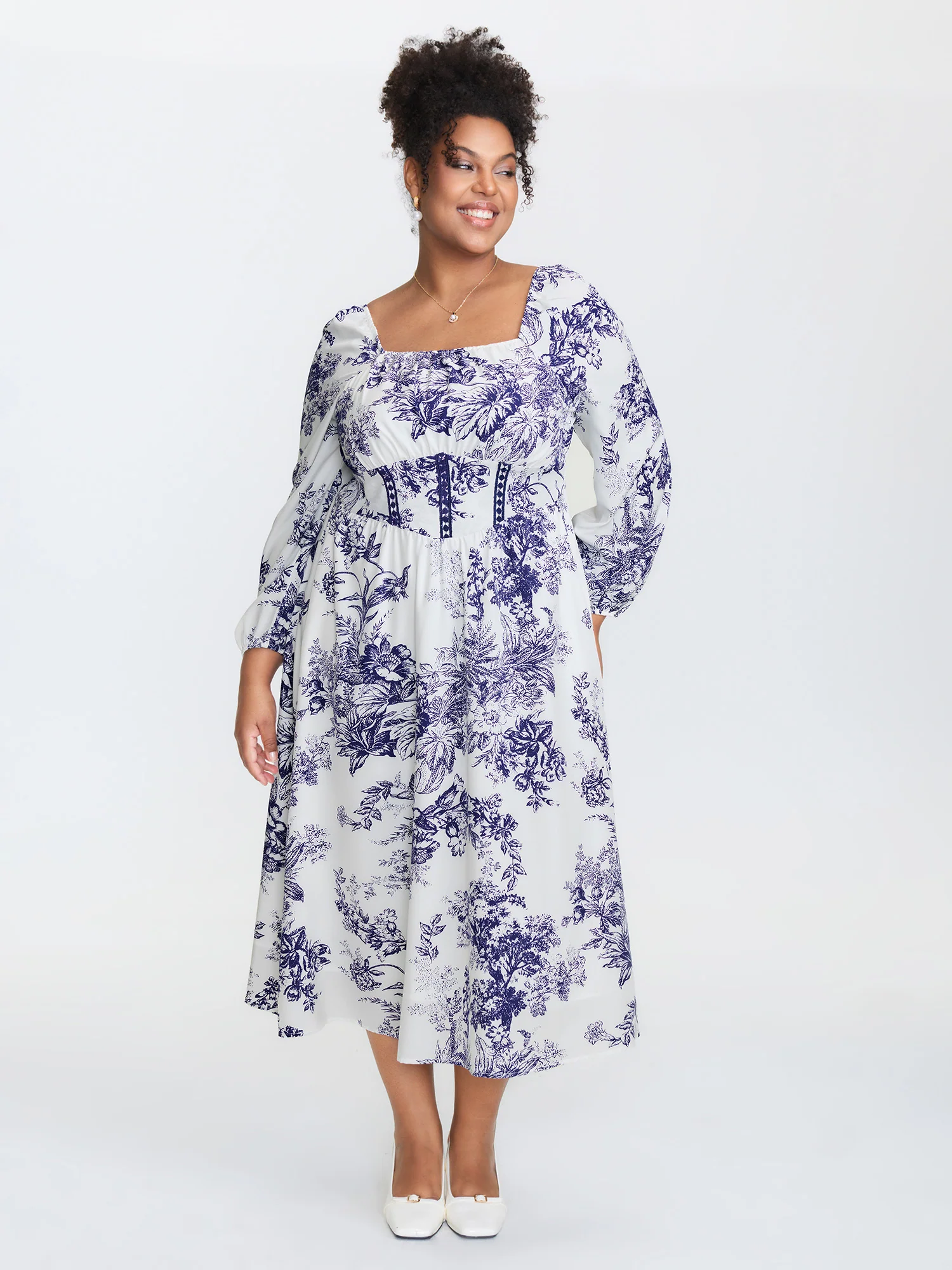 Jouy Pattern Triangular Cinched-Waist Midi Dress