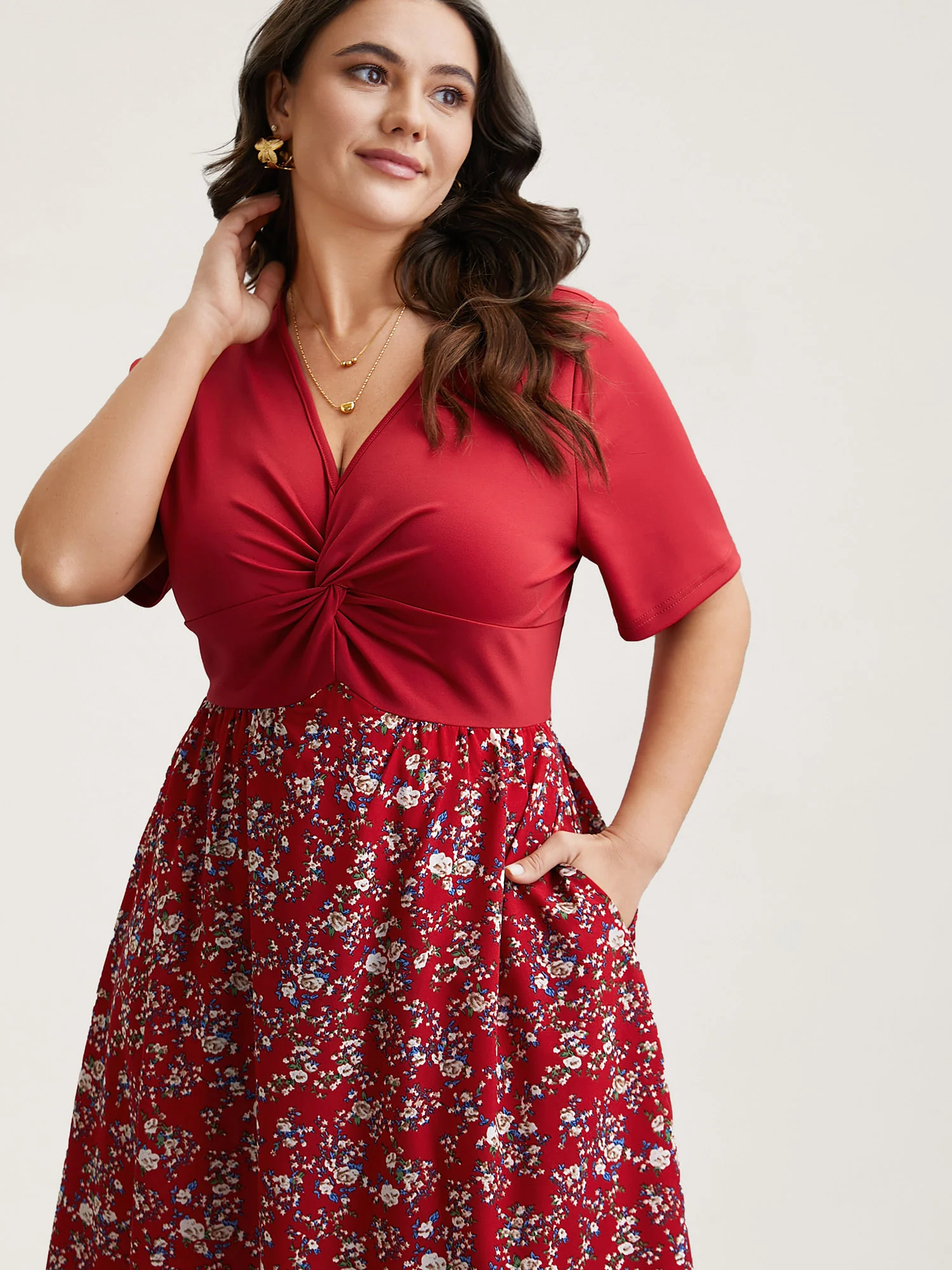 Twist-Front V-Neck Stretchy Waist Midi Dress