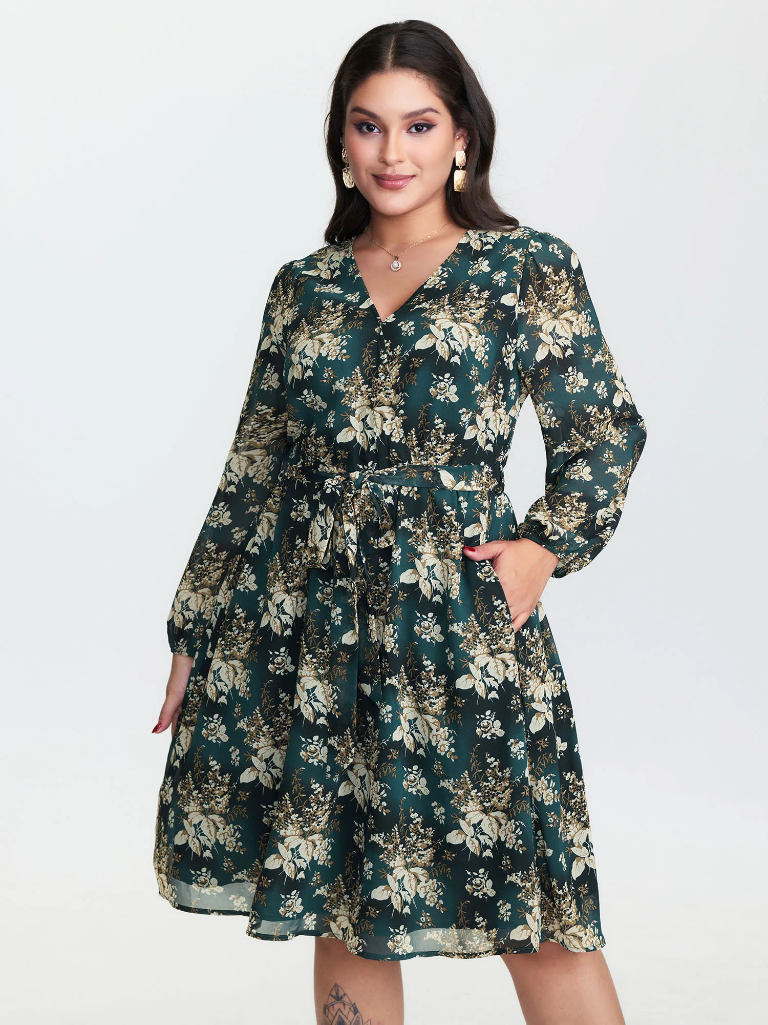 Chiffon Floral Surplice Neck Belt Midi Dress