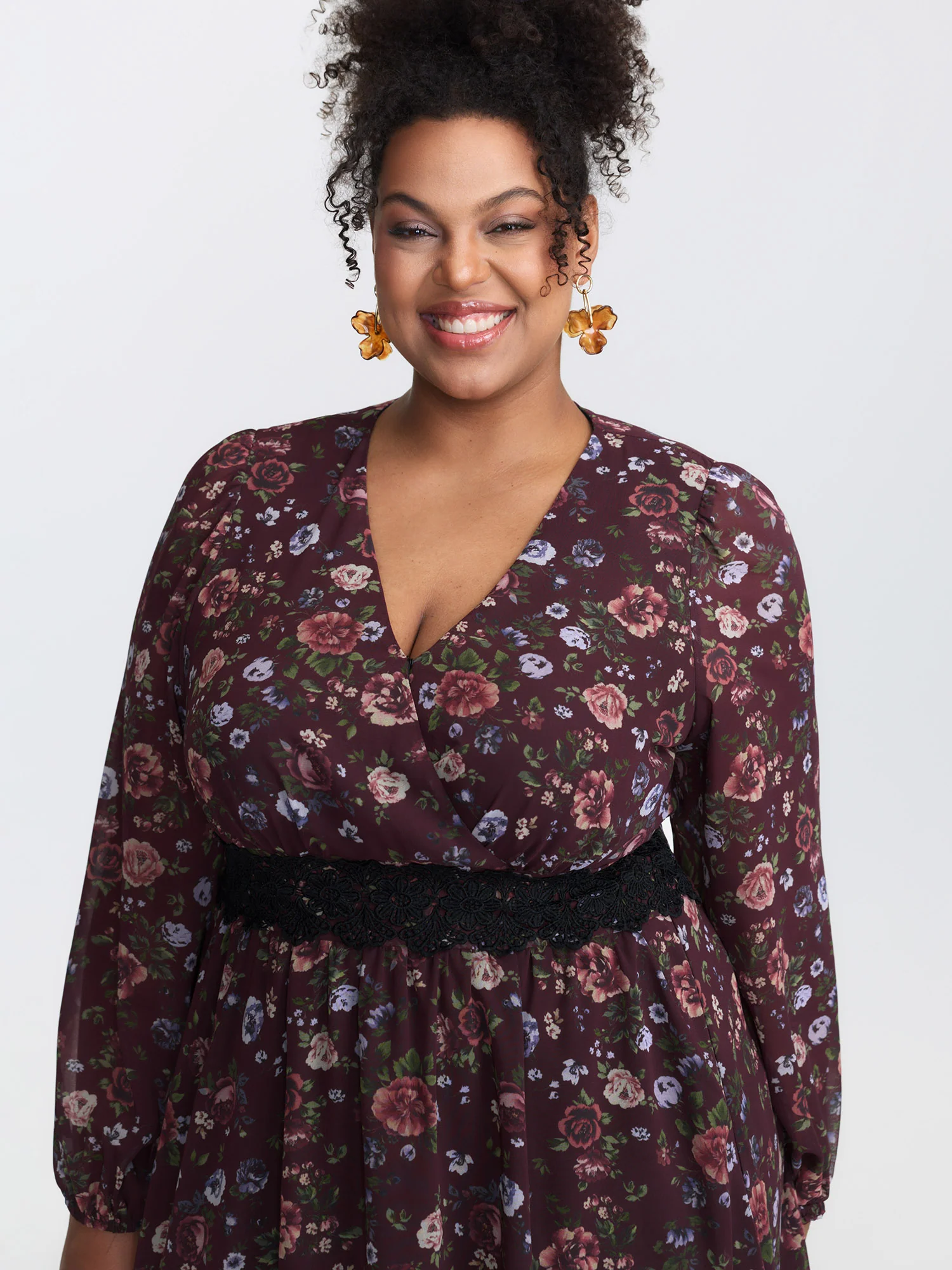 Floral Lace Trim Cinched-Waist Midi Dress