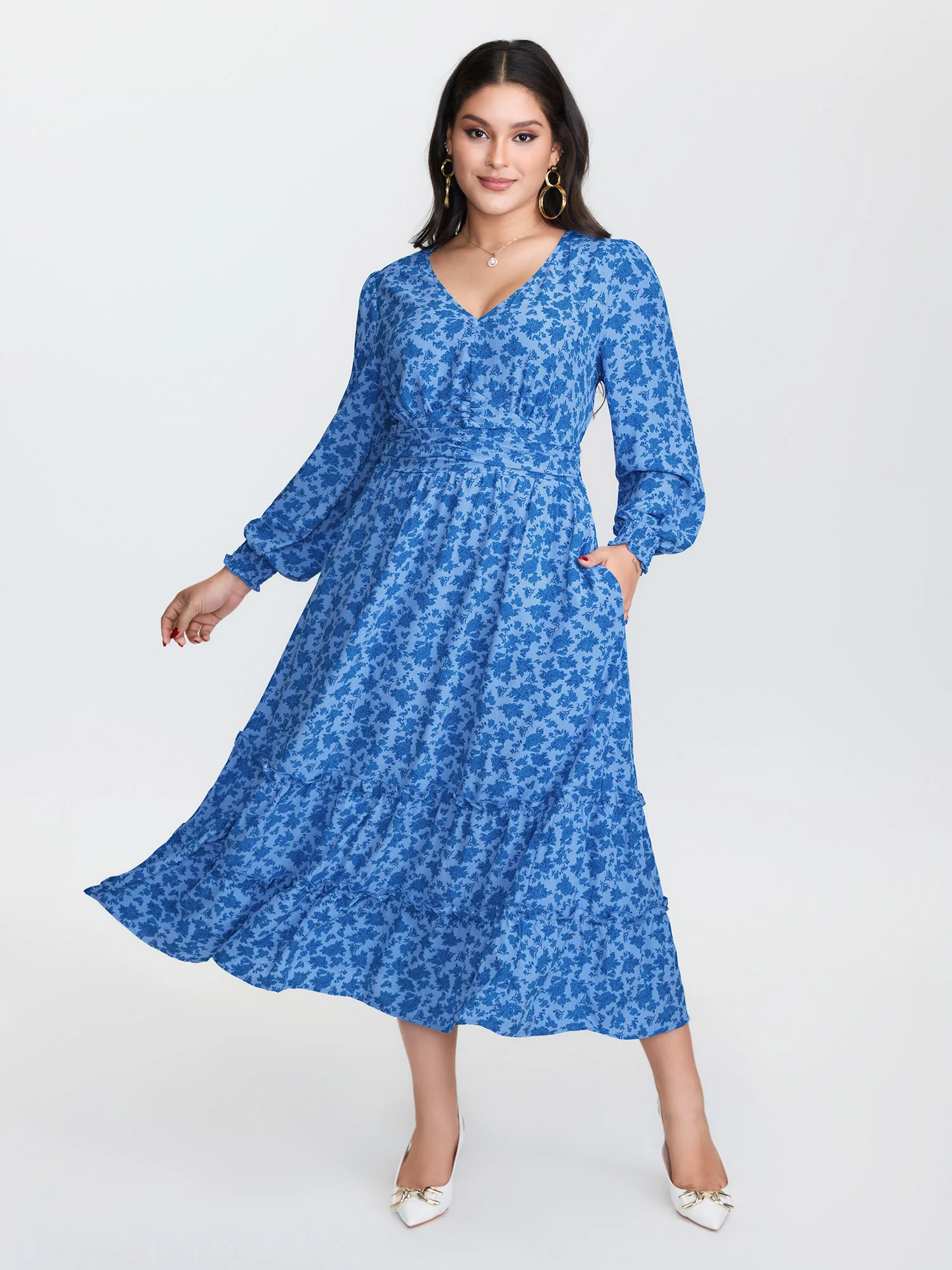 Floral Pleated Waist Button Ruffled Midi Dress