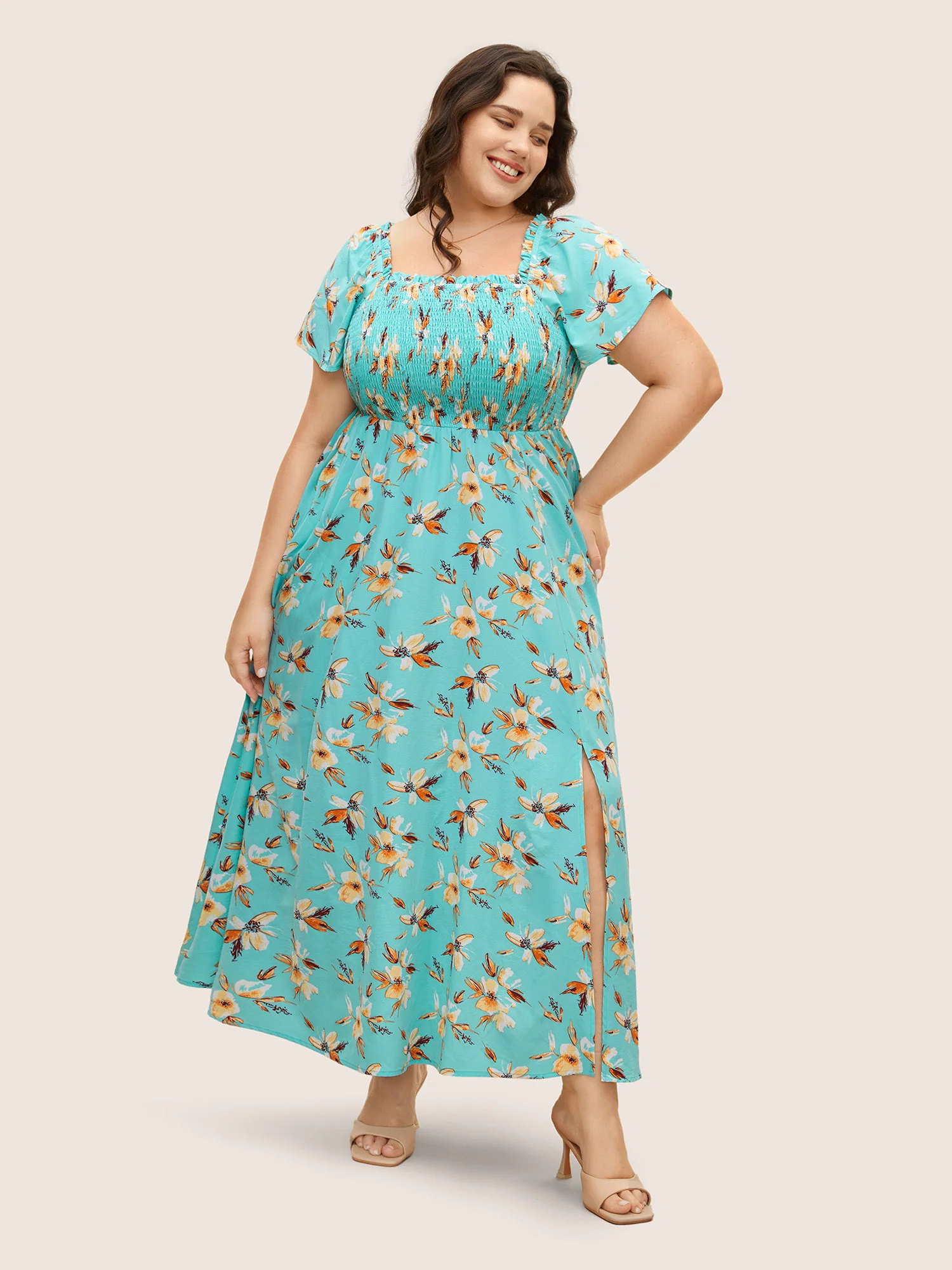 Floral Shirred Elastic Waist Split Hem Dress