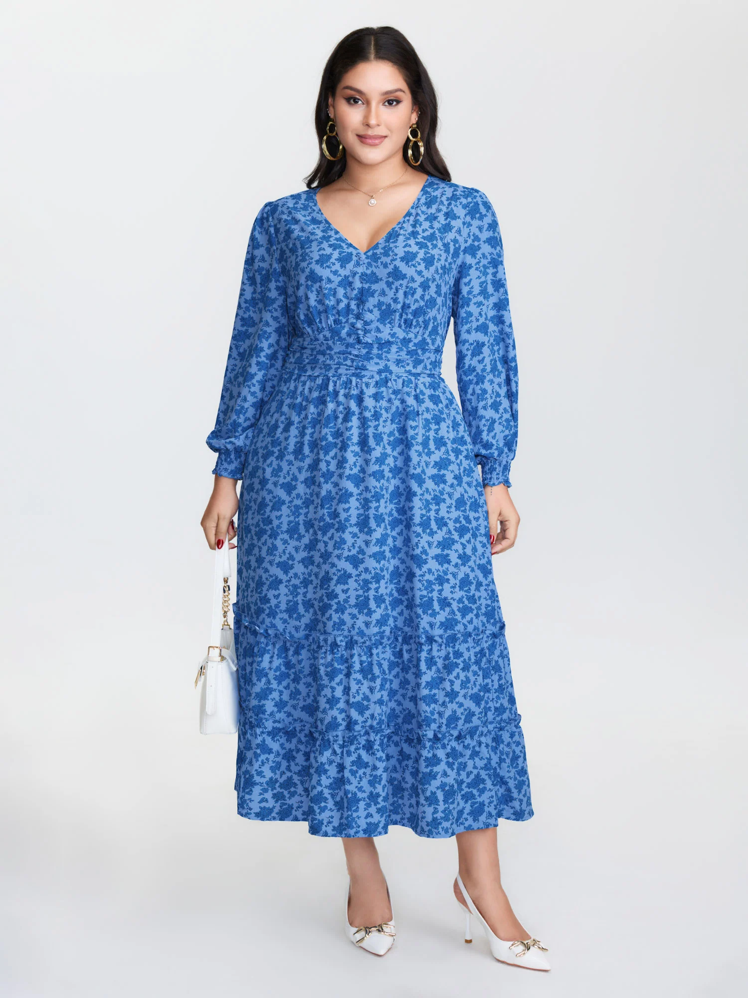 Floral Pleated Waist Button Ruffled Midi Dress