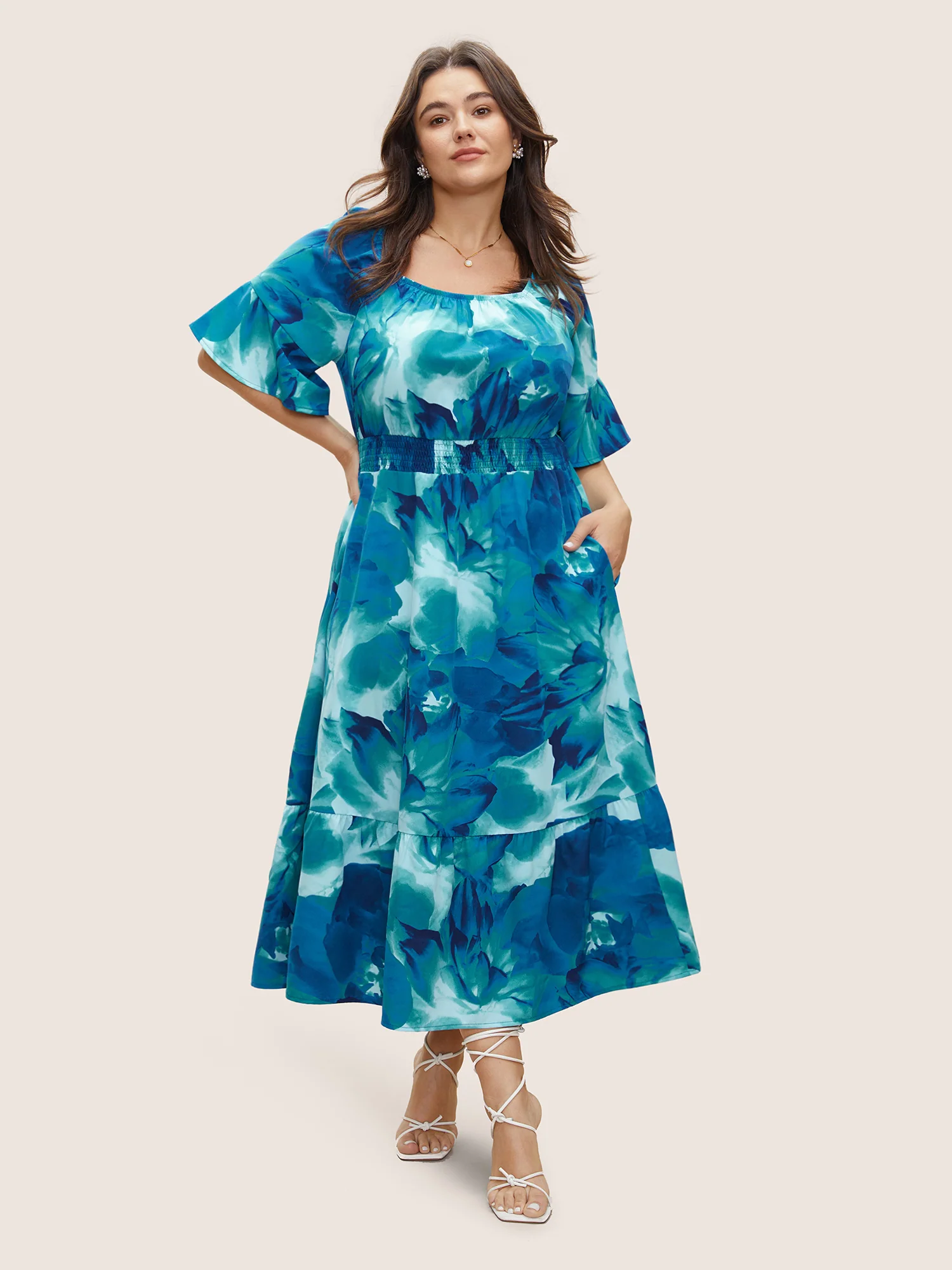 Square Neck Floral Shirred Ruffle Sleeve Dress