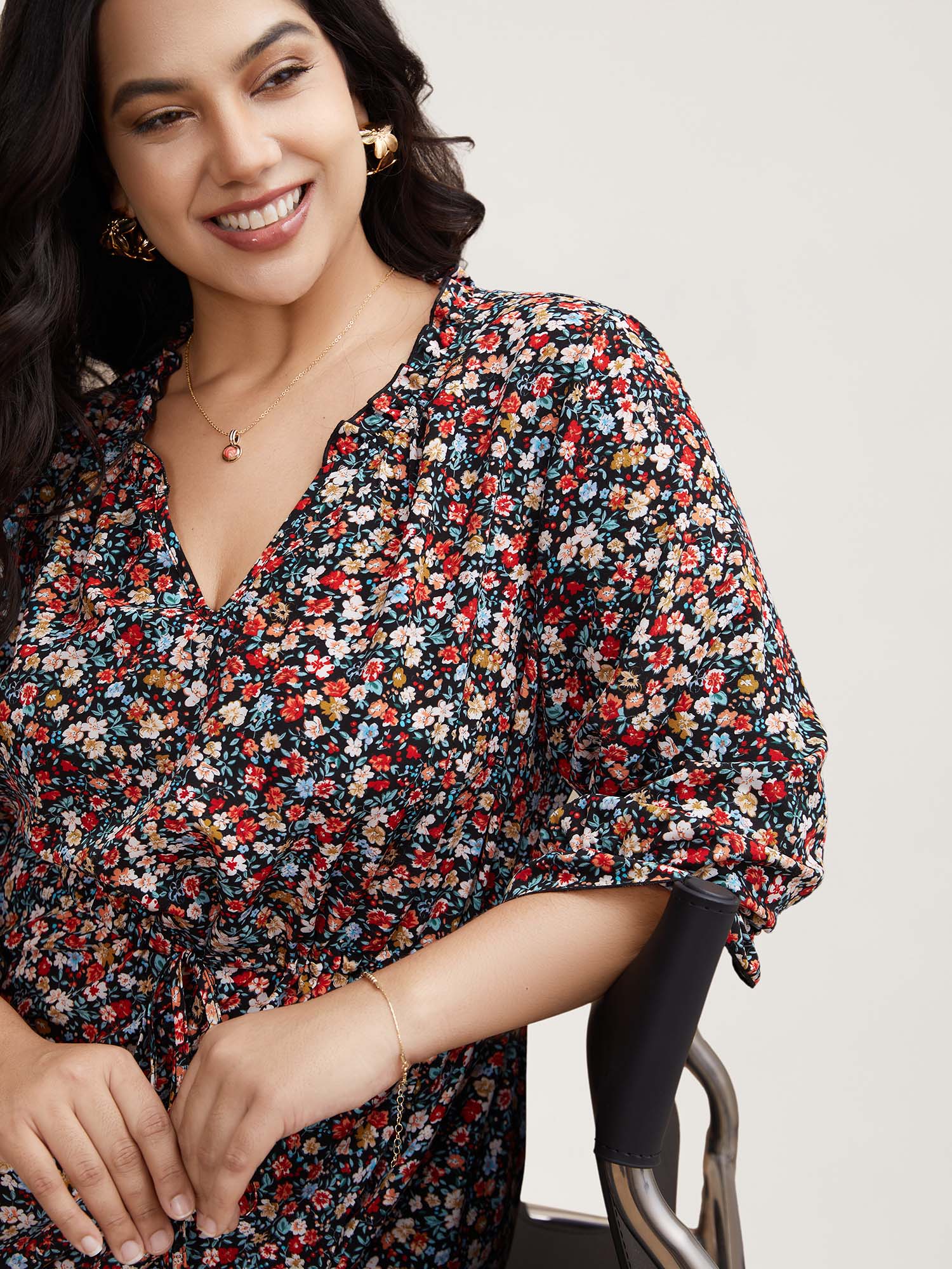 Floral Print Drawstring Pockets Flared Midi Dress