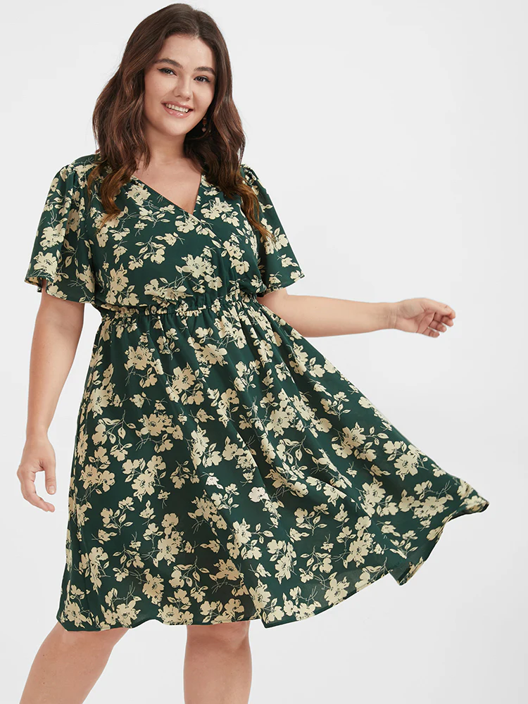 Floral Belted Button Ruffled Wrap Knee Dress