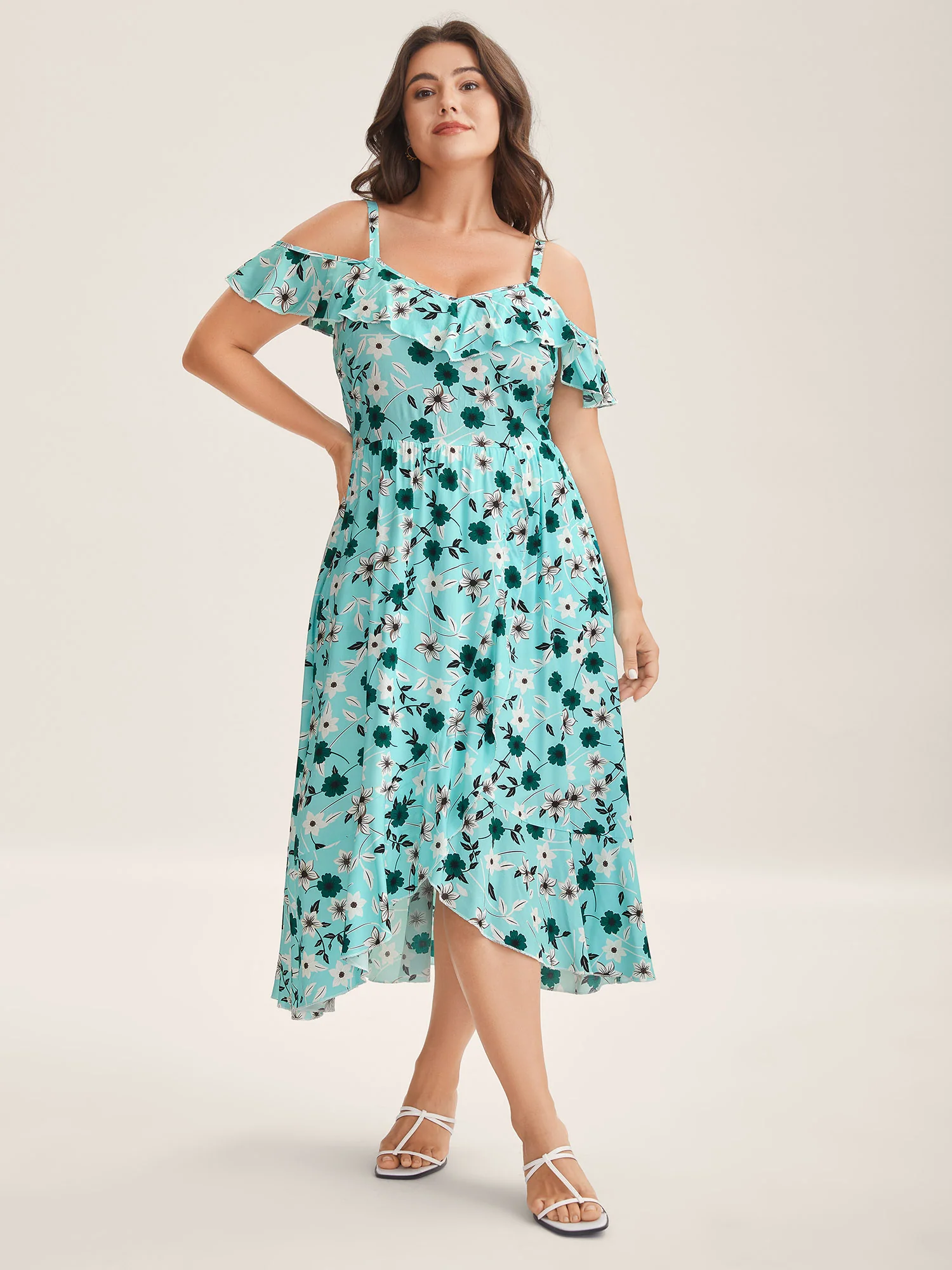 Off-Shoulder Floral Print Adjustable Midi Dress