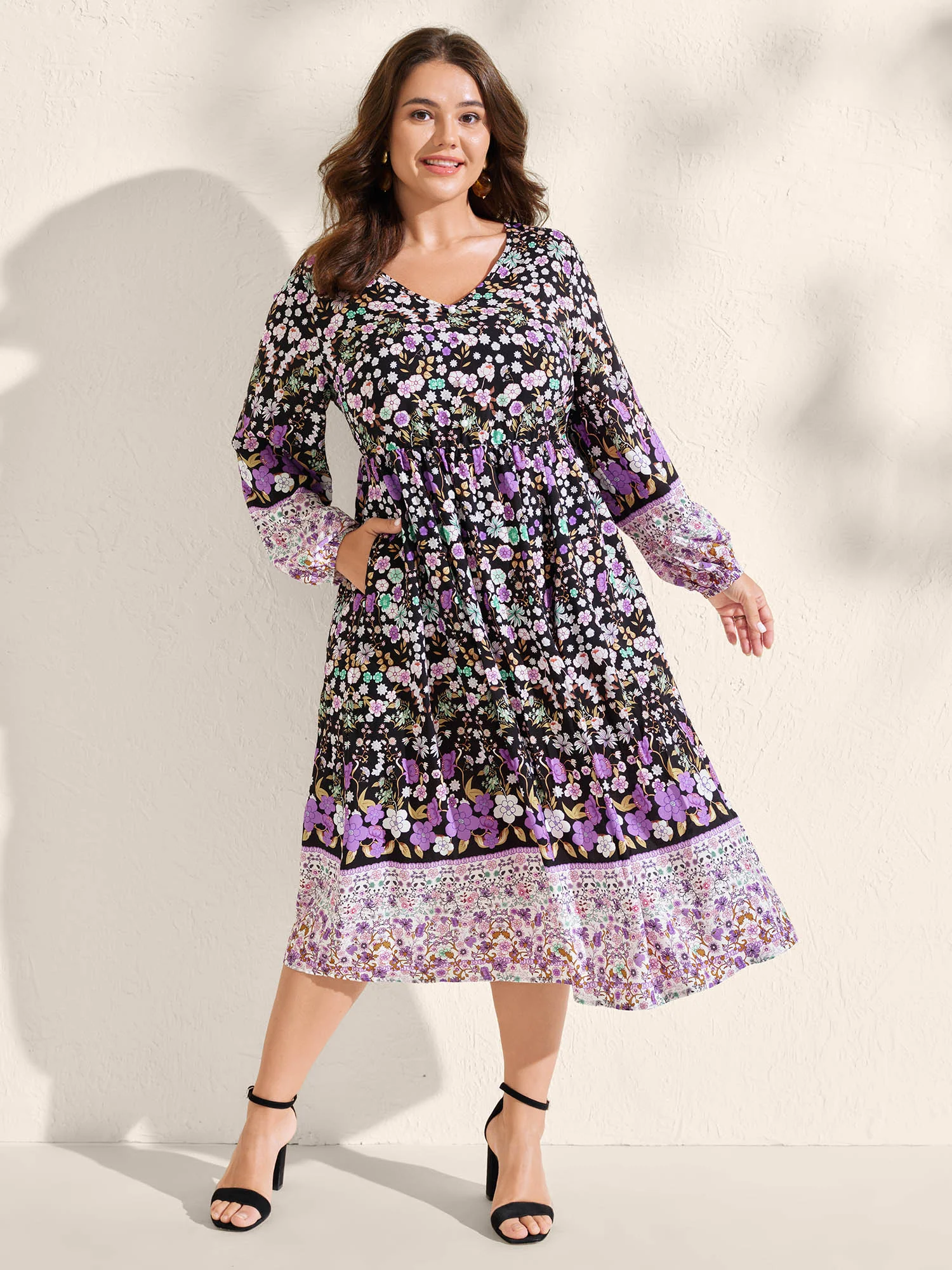 Floral Color Contrast Elastic Cuff Midi Dress
