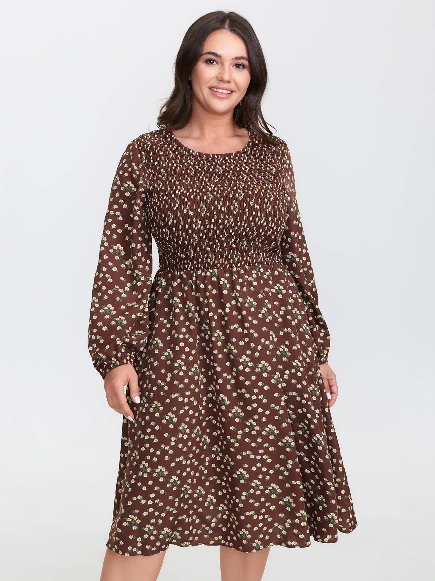Micro Floral Print Shirred Pockets Midi Dress