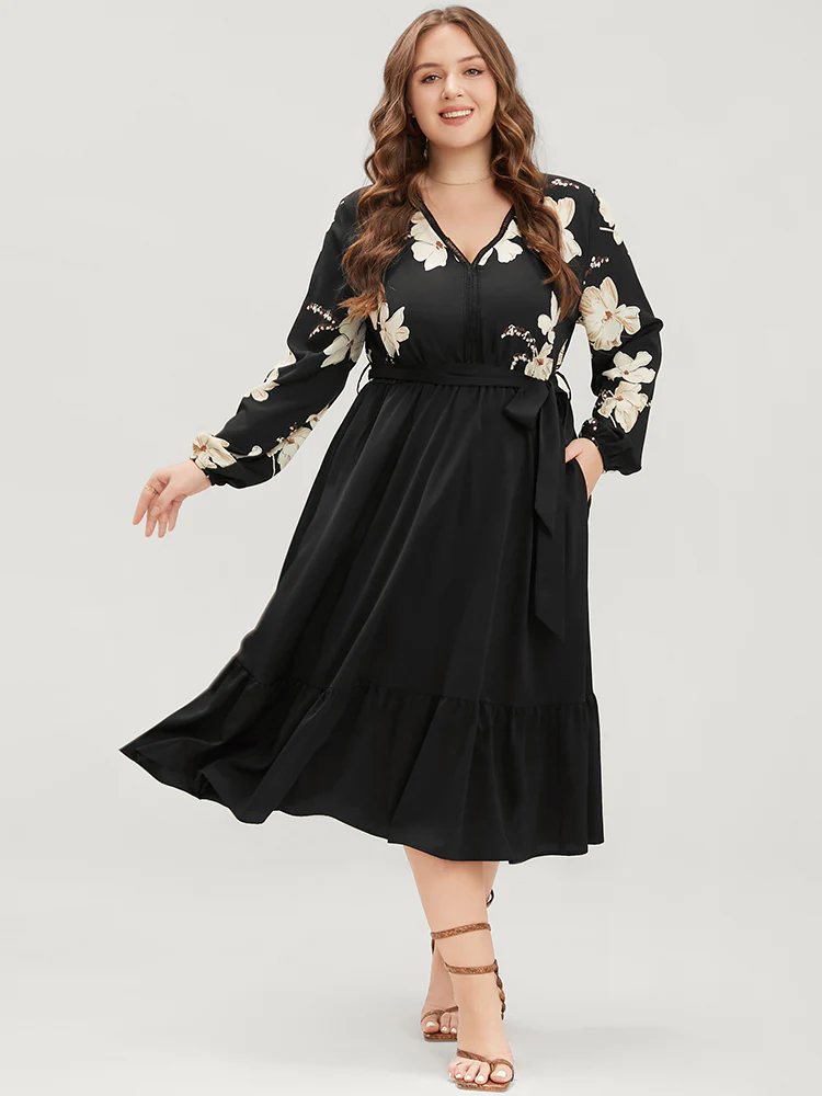Floral Pocket Broderie Anglaise Lantern Sleeve Belted Flutter Dress