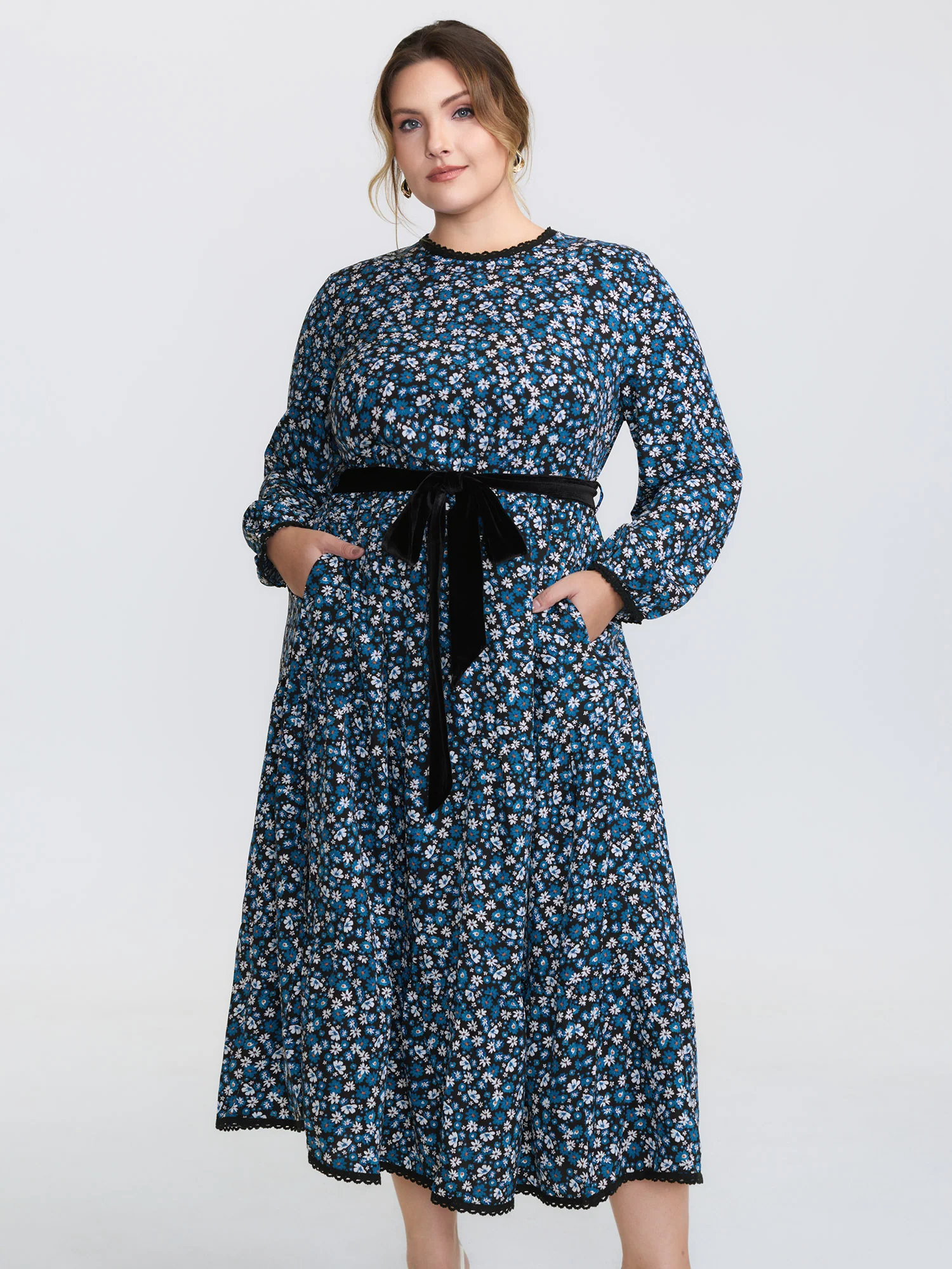 Floral Print Contrast Color Belted Midi Dress