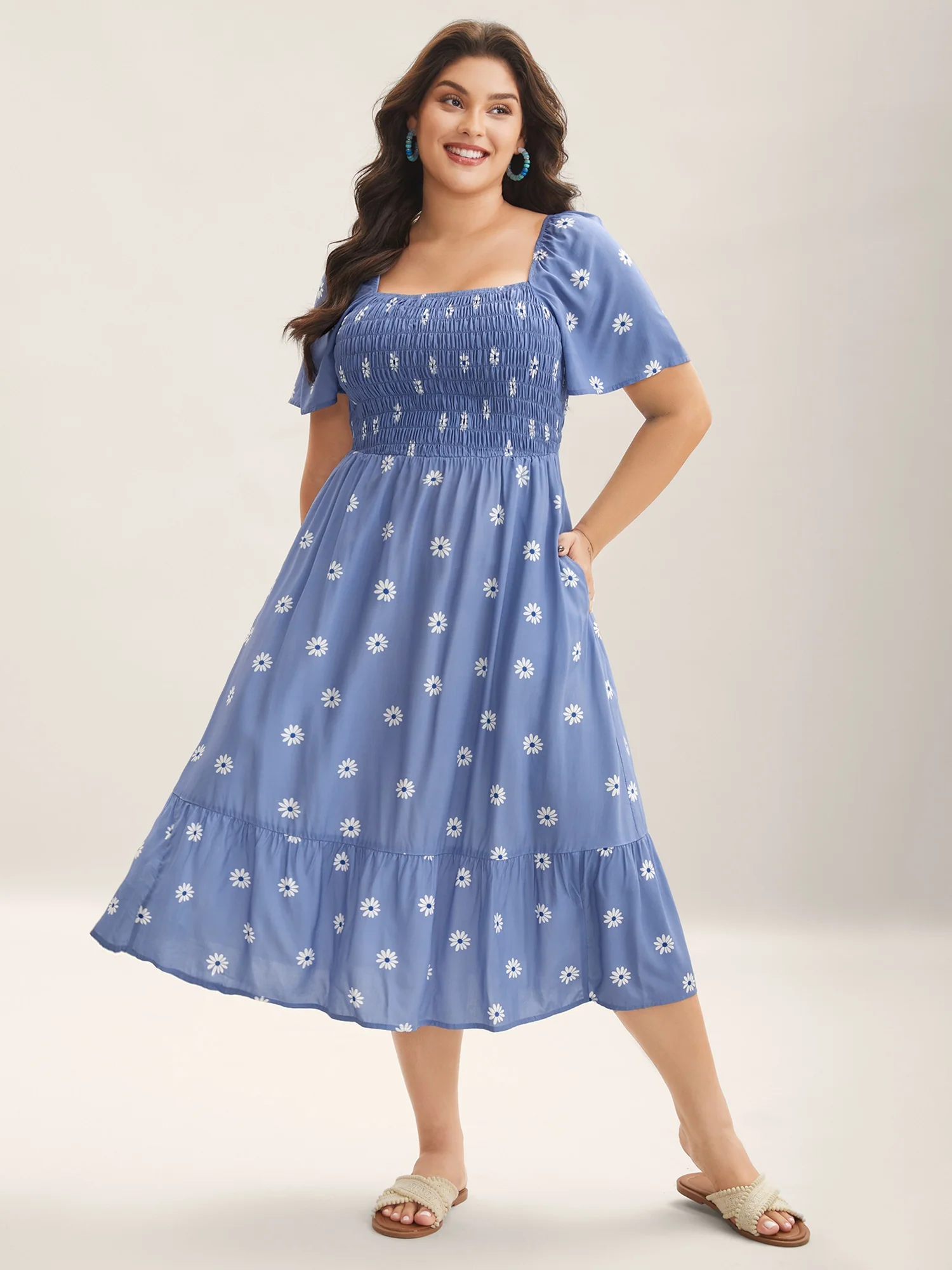 Rayon Floral Shirred Midi Dress