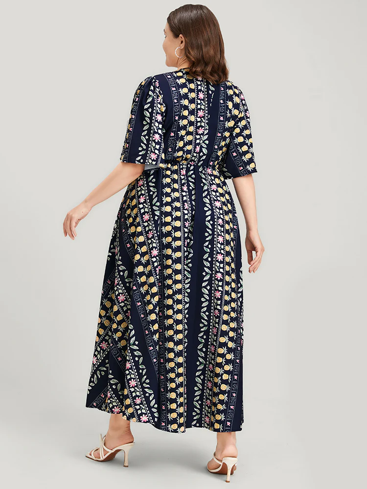 Floral Striped Ruffles Split Pocket Wrap Maxi Dress