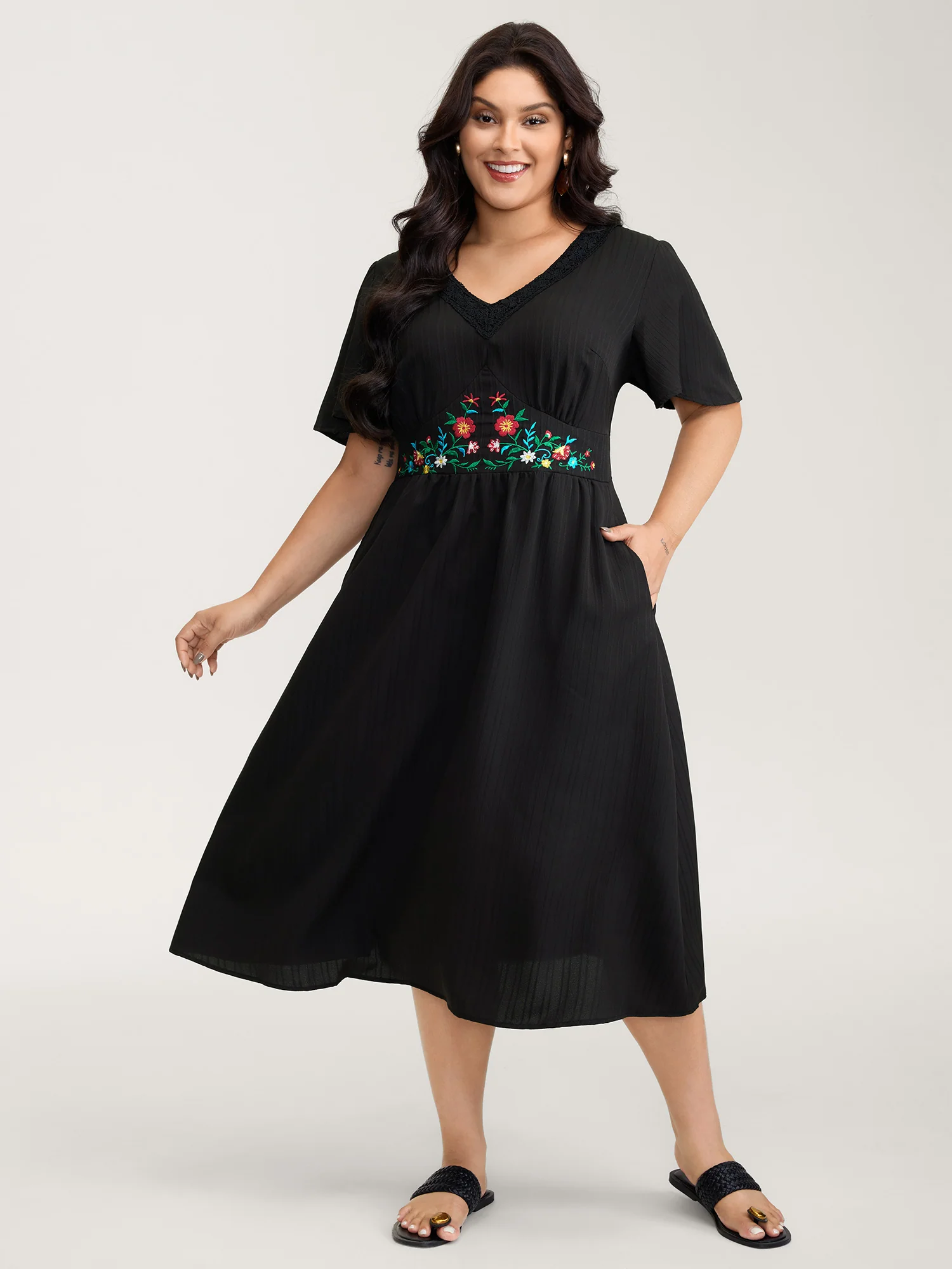 Floral Embroidered Waist Lace Trim Midi Dress