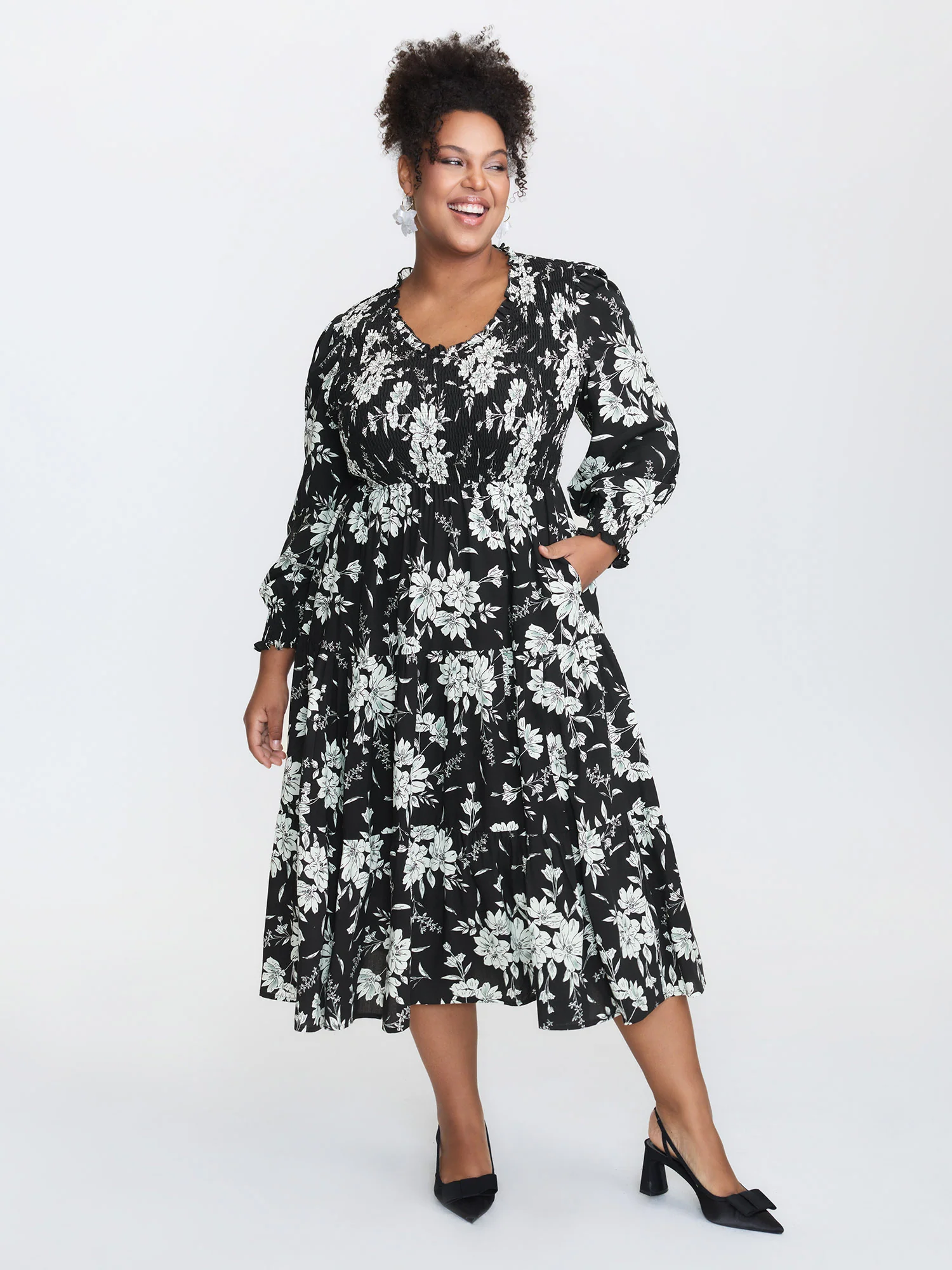 Silhouette Flower Shirred Maxi Dress