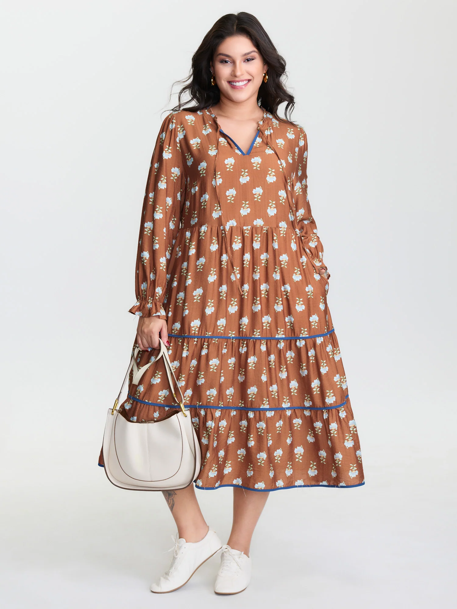 Supersoft Floral Print Drawstring Neckline Midi Dress