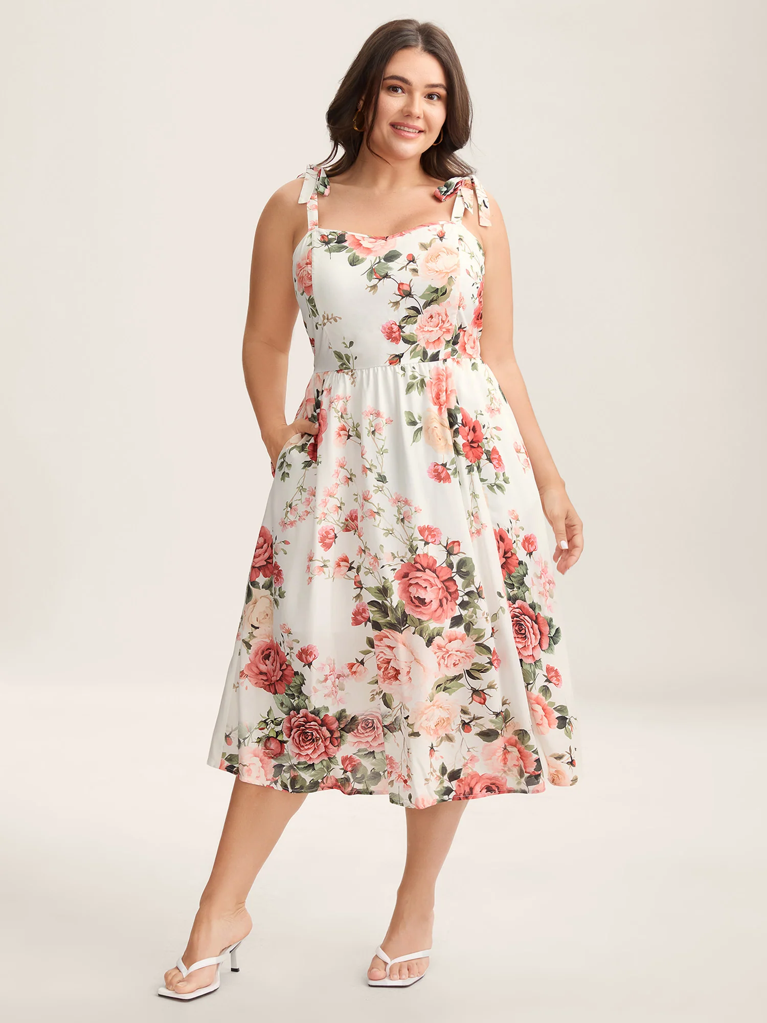 Rosy Print Bow Strap Pockets Midi Dress