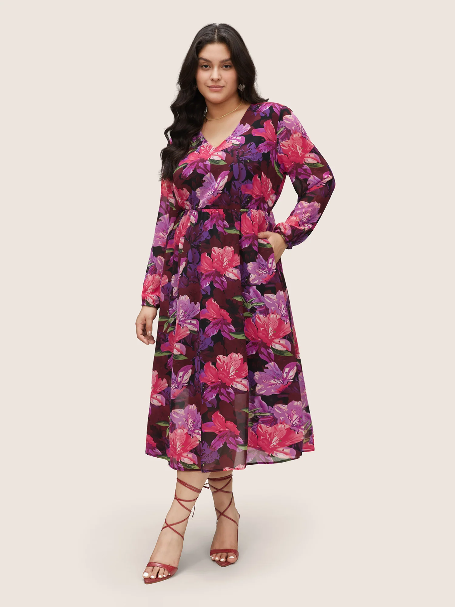 Floral Lantern Sleeve Mesh Elastic Waist Dress