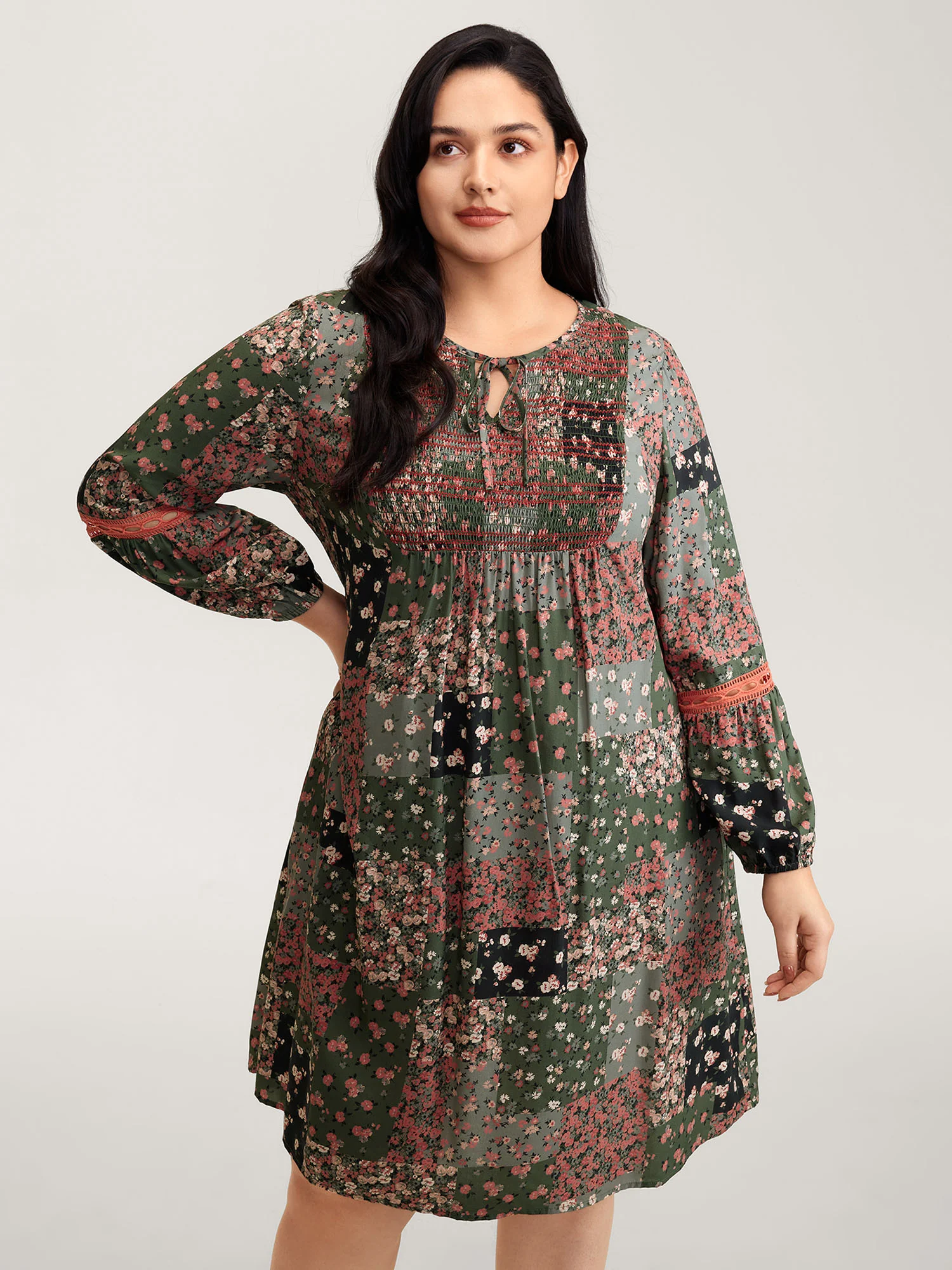 Floral Patchwork Shirred Pockets Midi Dress