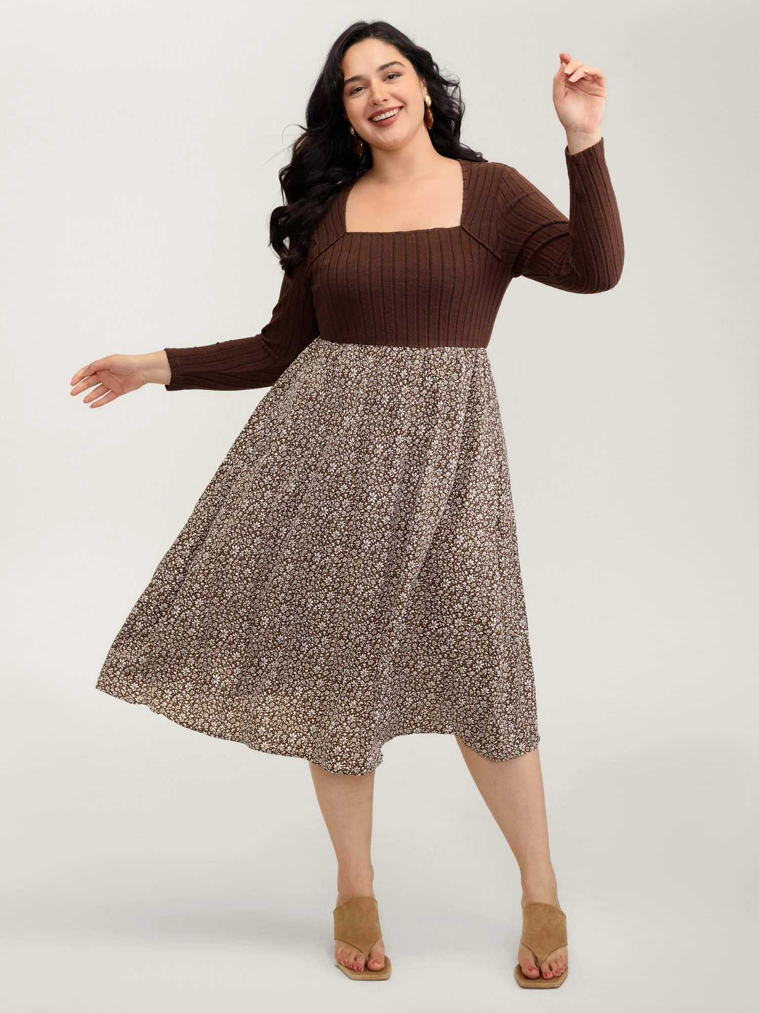 Stretchy Waist Retro Contrast Midi Dress