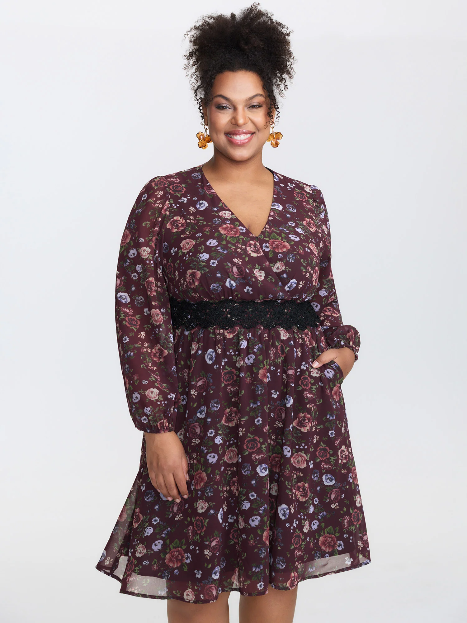 Floral Lace Trim Cinched-Waist Midi Dress