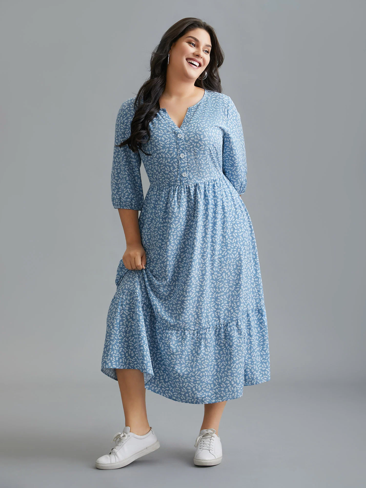 Notched Ditsy Floral Button Midi Dress