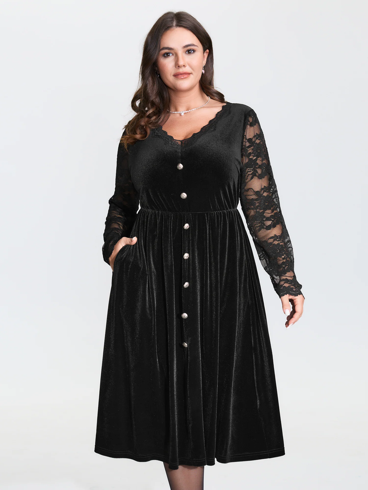 Velvet Sheer Floral Lace Midi Dress