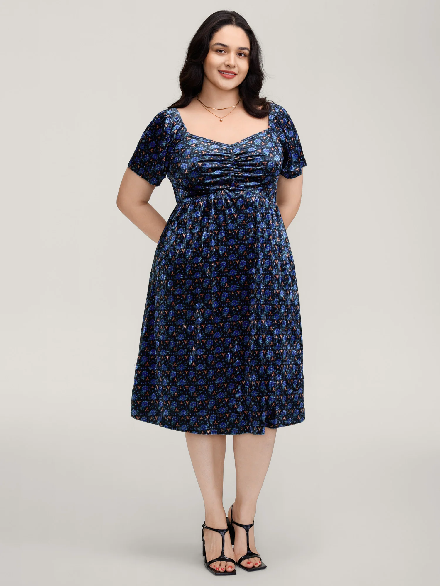 Velvet Floral Gathered Bodice Midi Dress