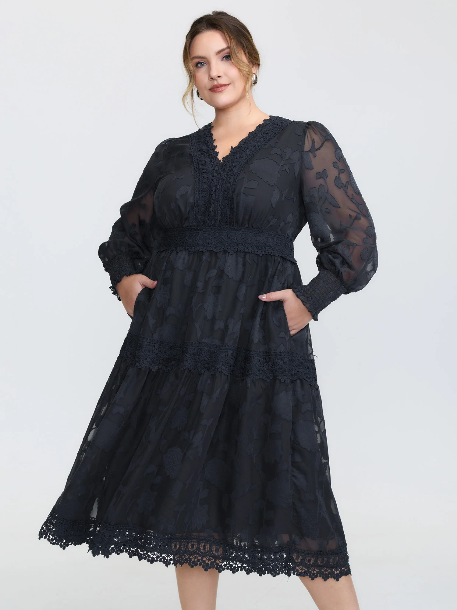 Lace Textured Pleated Waist Tiered Midi Dress