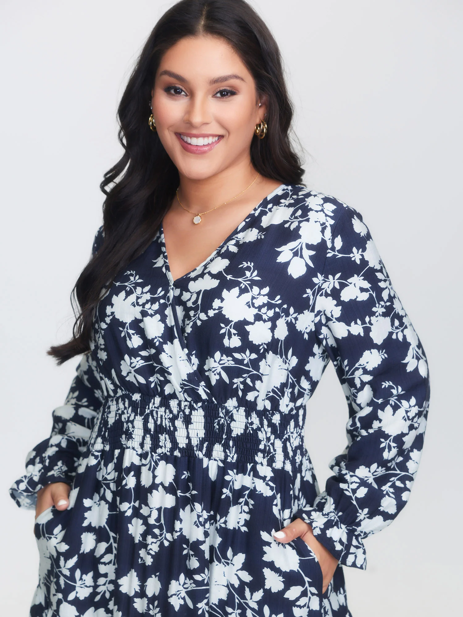 Floral Shirred Waist Pockets Midi Dress