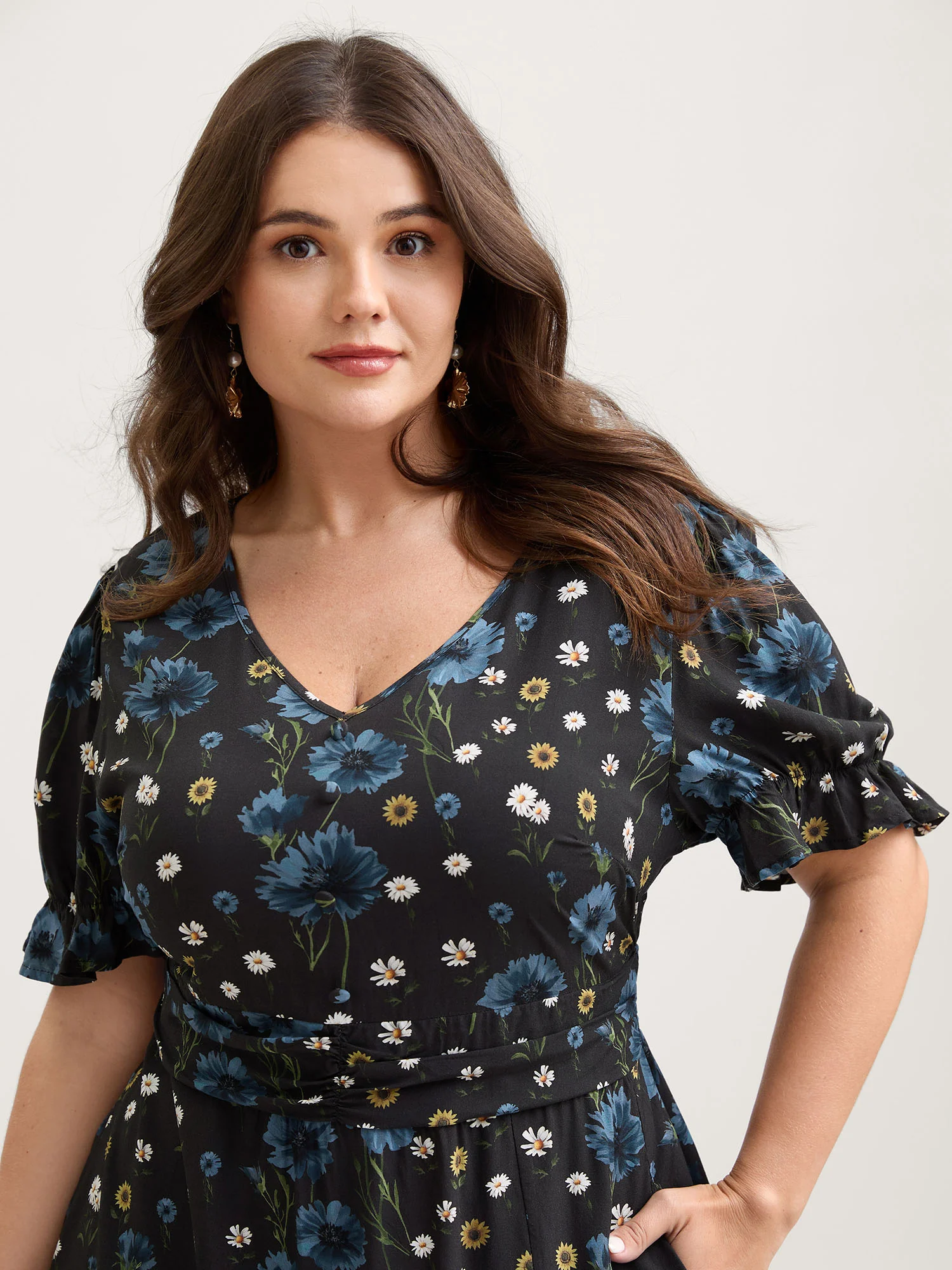 Branch Flower Print Split Pockets Midi Dress