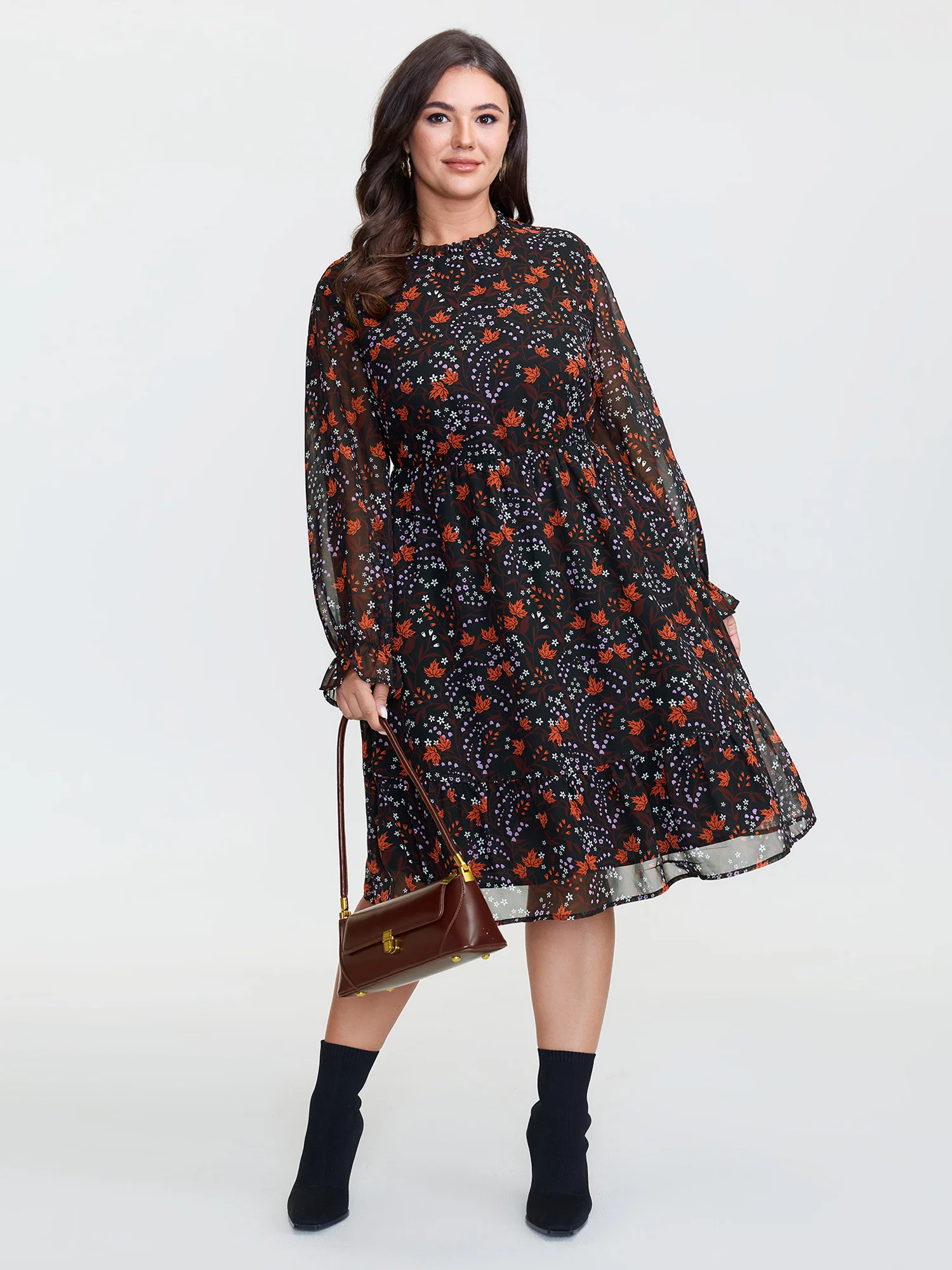 Chiffon Floral Print Ruffled Neck Midi Dress
