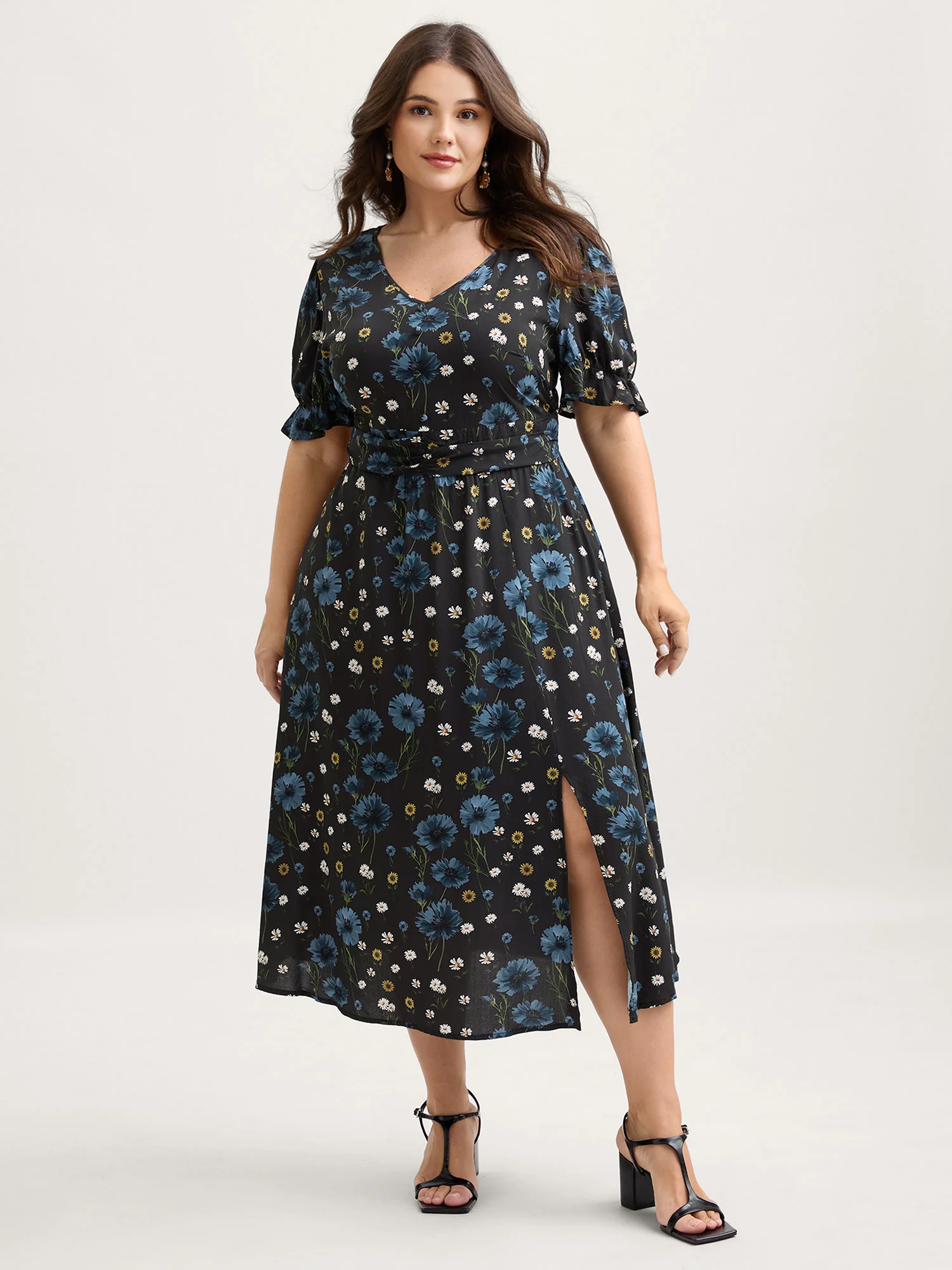 Branch Flower Print Split Pockets Midi Dress