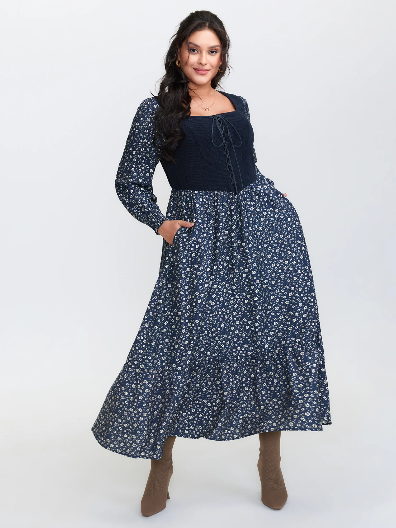 Corset Detail Shirred Floral Pockets Midi Dress