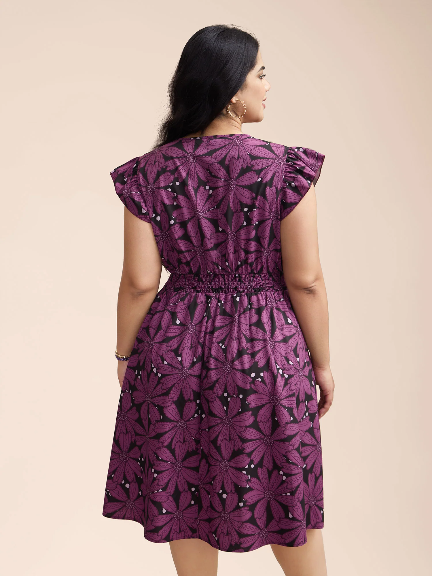 Surplice Neck Floral Shirred Elastic Waist Midi Dress